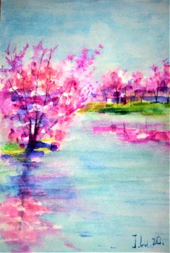 Pink Radiance Watercolor Landscape Sketch, Spring 26x19 cm