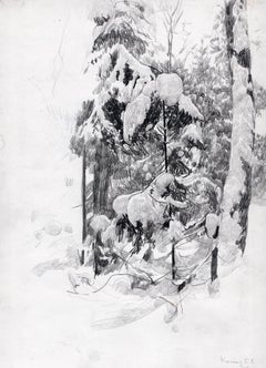 Snow Clad Fir Winter Landscape Sketch, Monochromatic, Framed, 2000