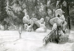 Dessin de neige, paysage impressionniste, graphite sur papier, encadré