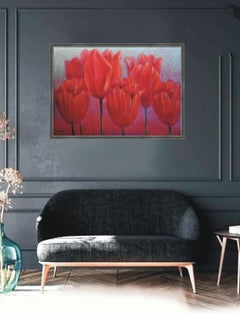 Red Tulips on Red : paper, oil pastel, 70x100cm. Very Thick paper