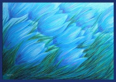 Tulips Blue in the Wind : paper, oil pastel, 70x100cm. Very Thick paper