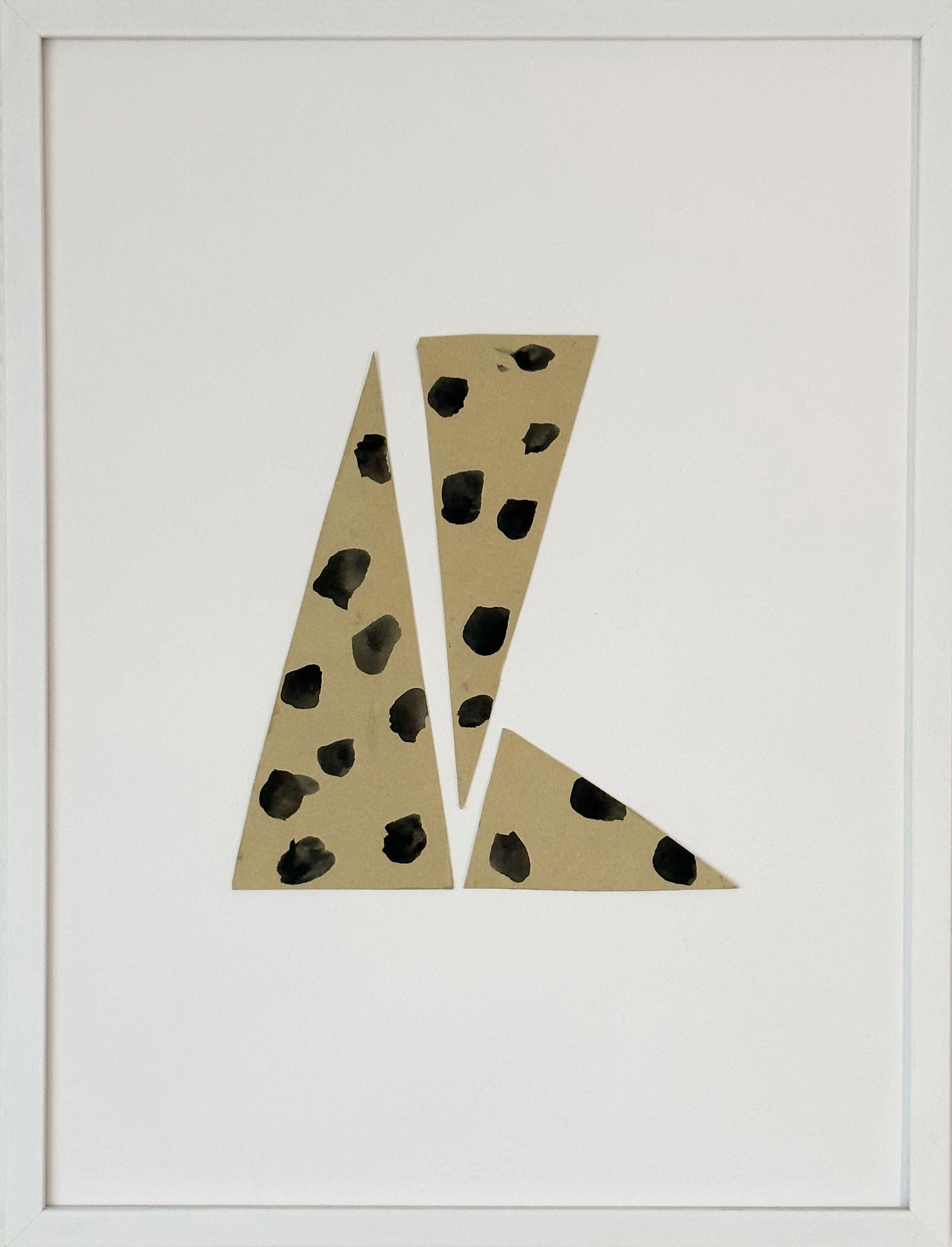 Amanda Andersen Abstract Drawing - "Tallons Three" Collage, polka-dots tan triangles geometric, sharp neutral white
