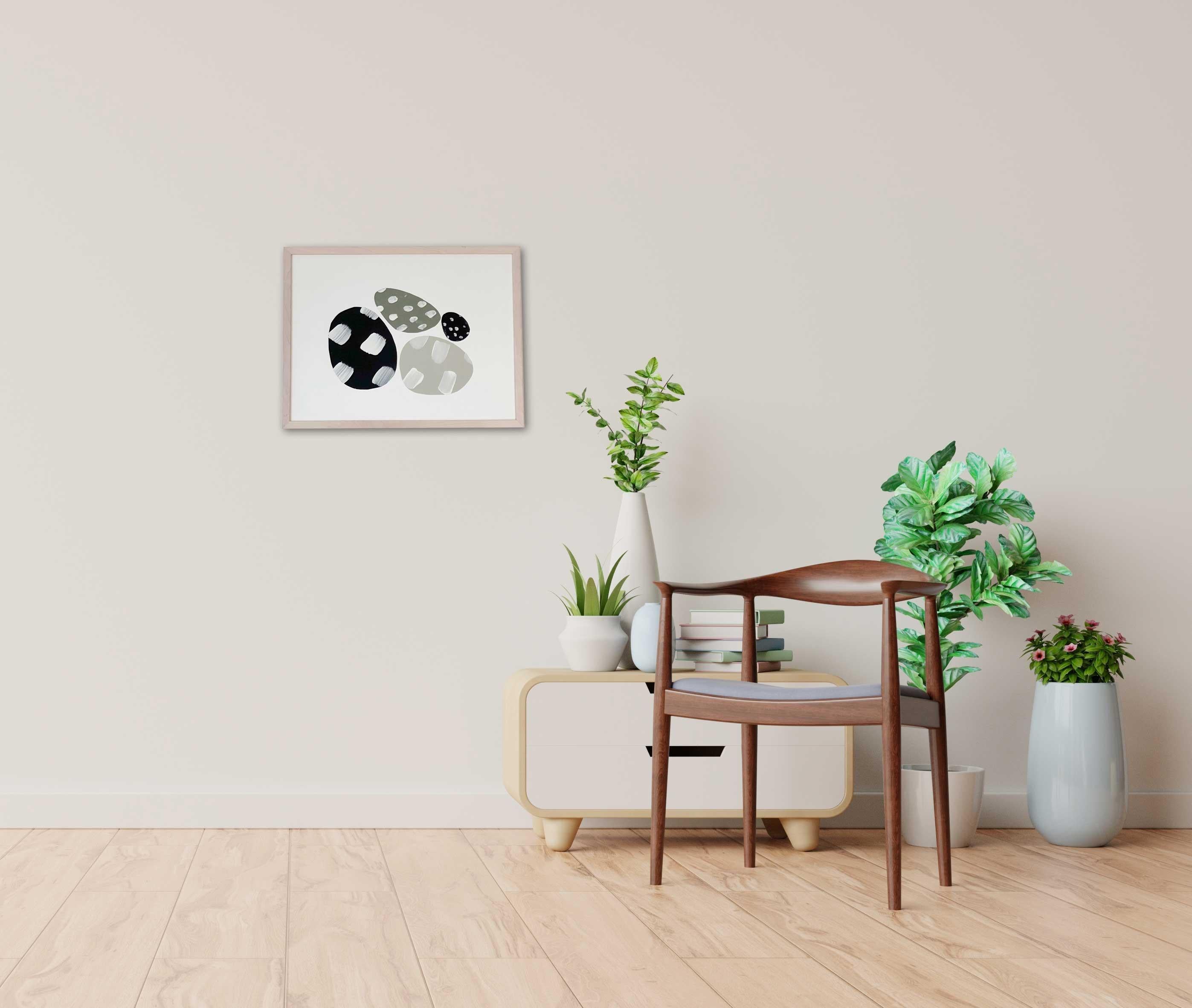 Collage sur papier vert sauge beige noir abstrait ludique à pois organique ovale - Abstrait Art par Amanda Andersen