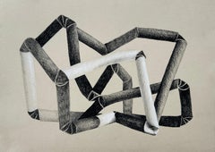 "Knotted Abstraction: Ladder" neutral monochromatic pastel drawing on tan paper