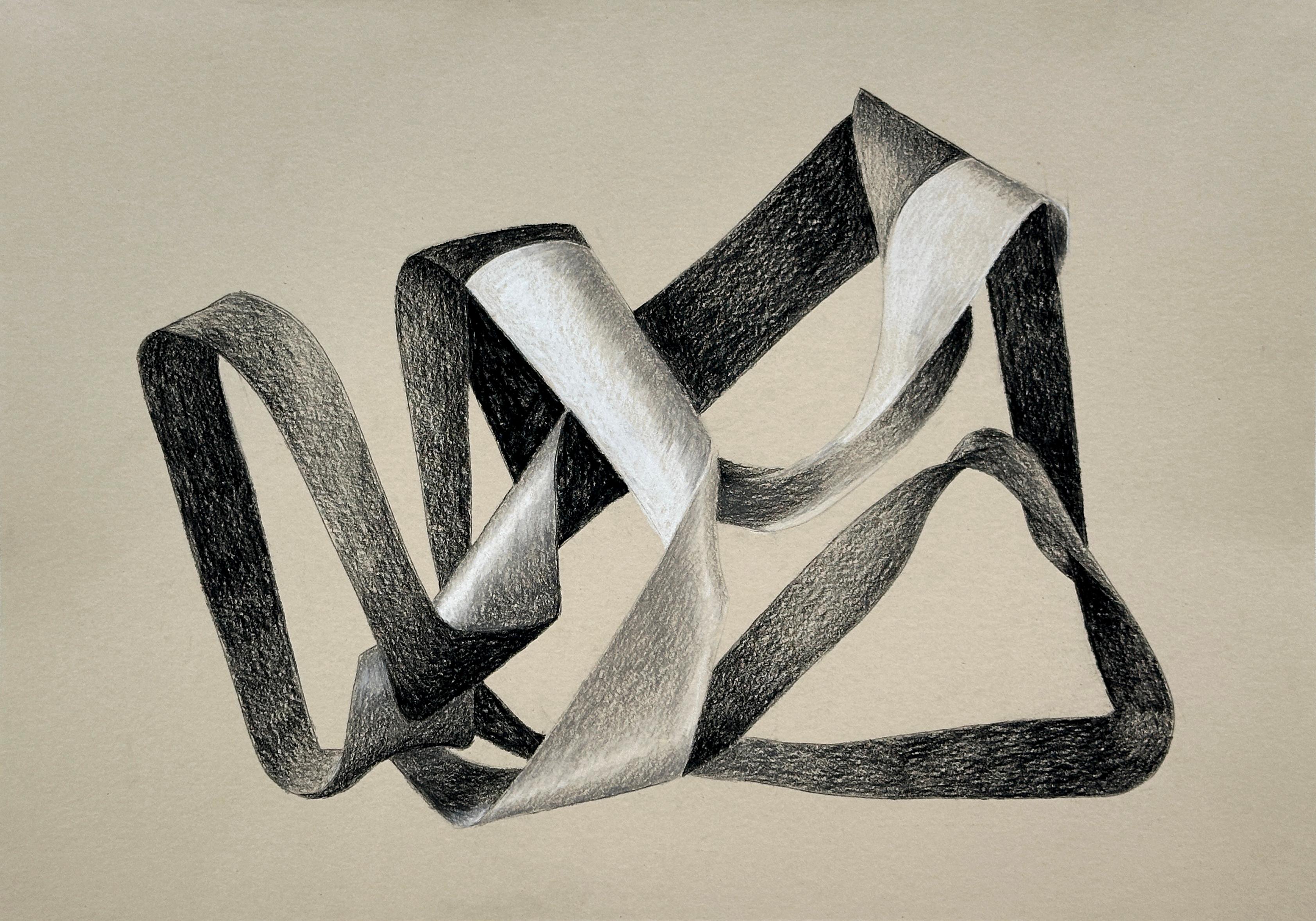 Amanda Andersen Abstract Drawing - "Knotted Abstraction: Bubble" neutral monochromatic pastel drawing on tan paper