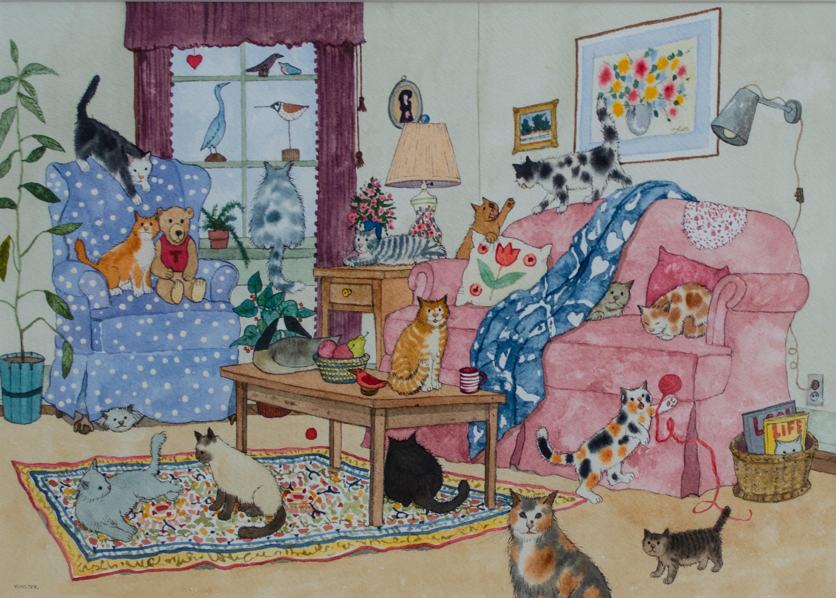 Jane Wooster Scott (américaine, née en 1920)
Sans titre (maison de chat), 20e siècle
Aquarelle sur papier
Taille de la vue : 10 x 14 in.
Encadré : 17 x 20 3/4 in.
Signé en bas à gauche : Wooster

Figurant dans le "Livre Guinness des records" comme