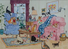 Vintage Original Jane Wooster Scott Watercolor - Cat House