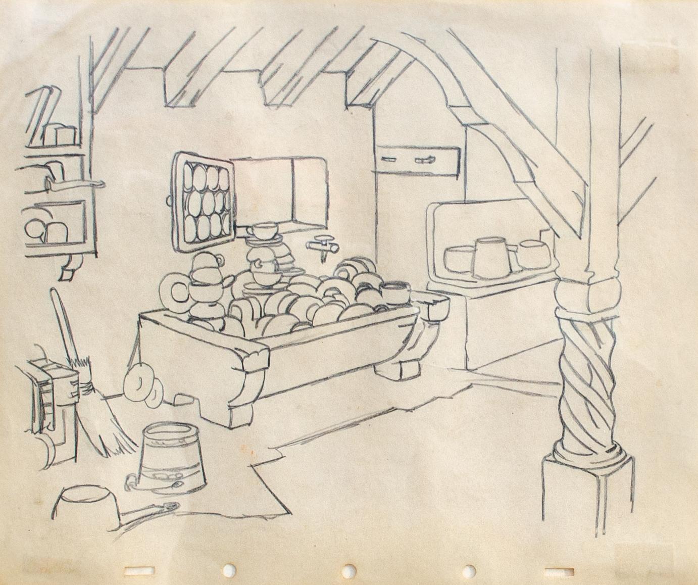 Unknown American Modernism School
Untitled (Kitchen), c. 1930
Pencil on paper
Sight size: 10 x 12 in. 
Framed: 16 3/4 x 20 3/4 in.
