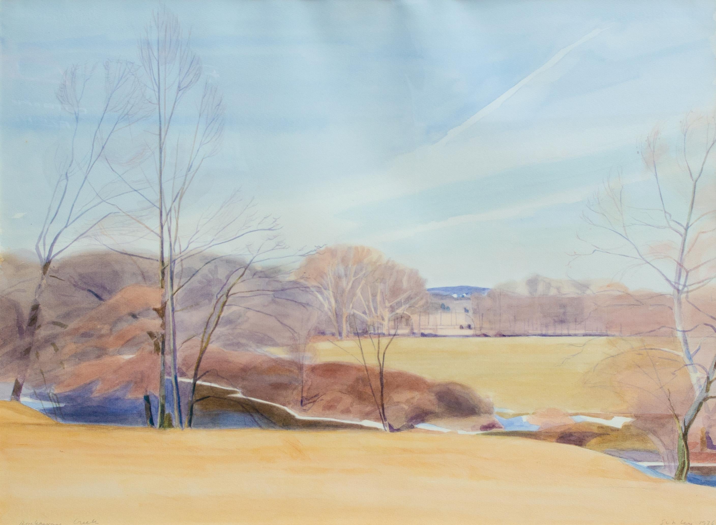 Reeve Schley (American, b. 1936)
Rockaway Creek, Winter, 1976
Watercolor
22 x 30 in.
Framed: 29 1/4 x 37 in.
Signed lower right: Schley 1976
Inscribed lower left: Rockaway creek
Graham Gallery label verso

Reeve Schley was born in New York City in