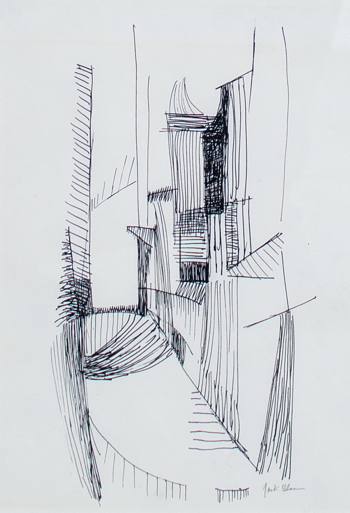 Unknown Abstract Drawing – 1960er Jahre Unleserlich signierte surrealistische Tuschezeichnung 