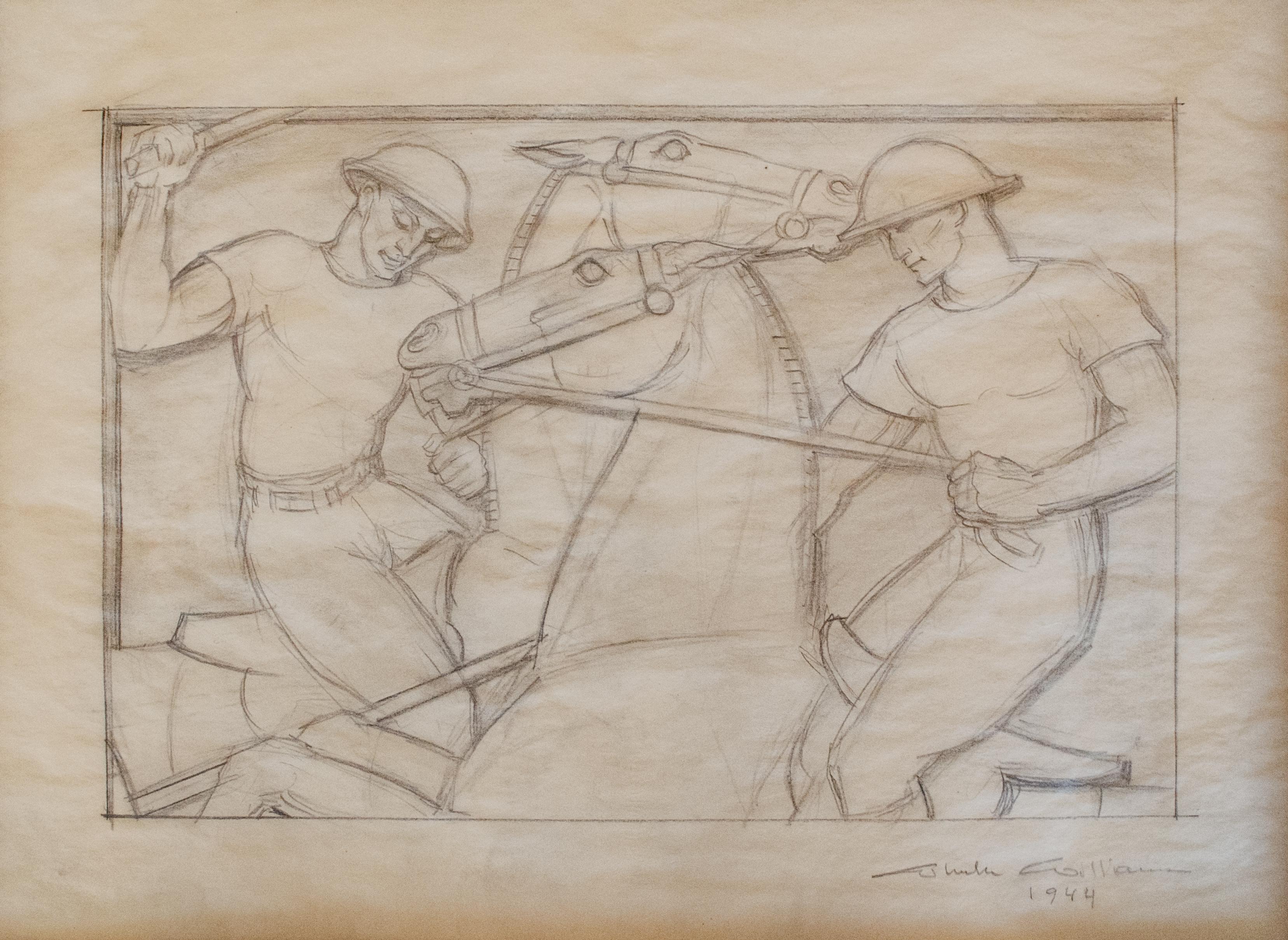 Wheeler Williams (Amerikaner, 1897-1972)
Studie ohne Titel, 1944 (Polospieler)
Bleistift auf Papier
15 1/2 x 19 1/4 Zoll. 
Signiert unten rechts: Wheeler Williams, 1944

Der aus Chicago stammende Wheeler Williams ist für seine allegorischen,