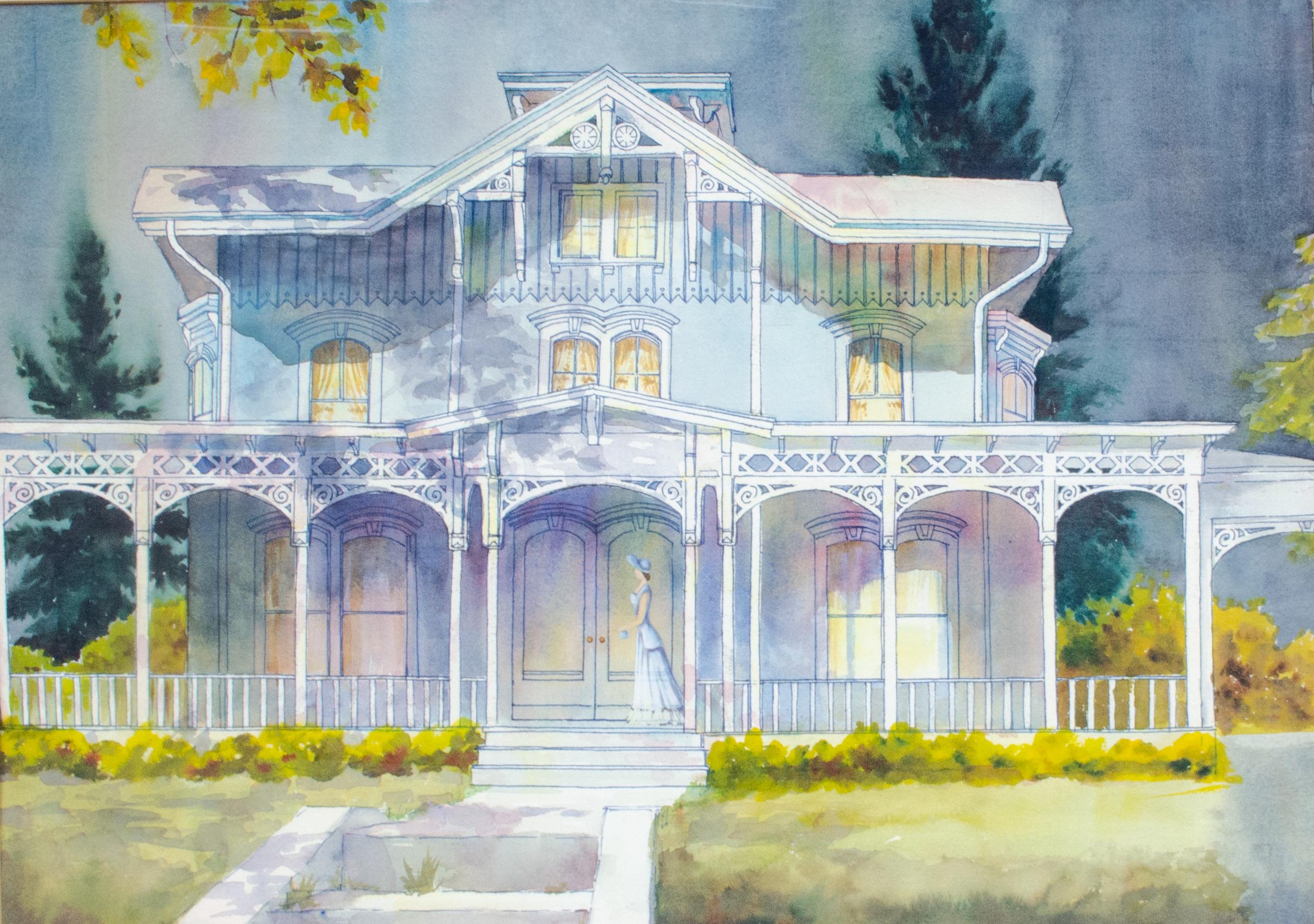 Unknown Figurative Art - Charming Watercolor of a Southern Home