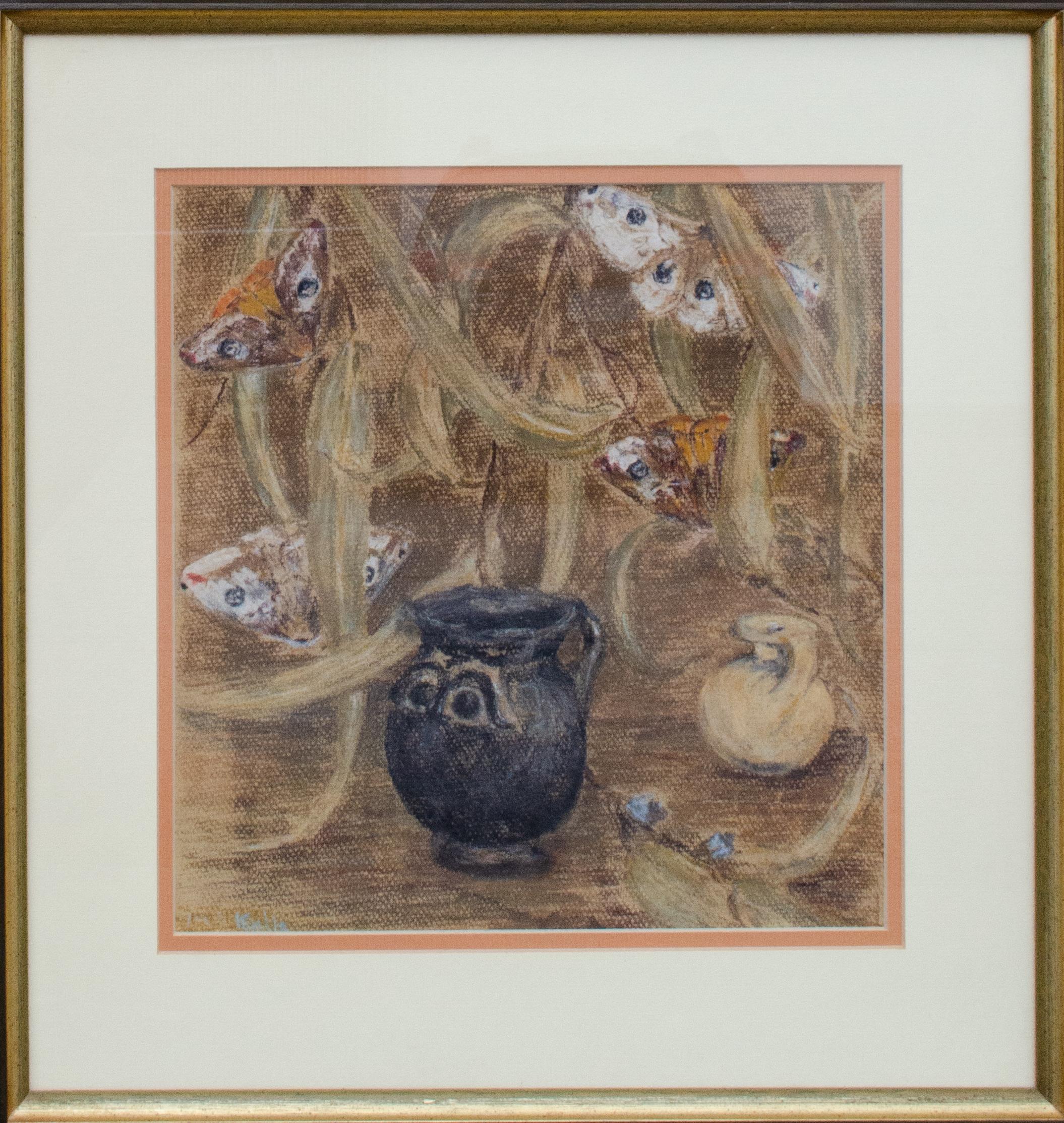 Unknown Figurative Art - Adorable Pastel of Moths and Pots by Mystery Artist