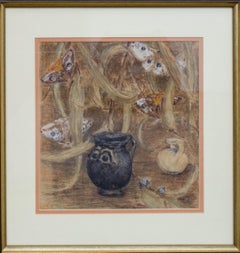 Vintage Adorable Pastel of Moths and Pots by Mystery Artist