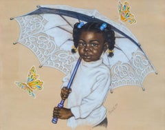 Jolie aquarelle d'une petite fille avec un Umbrella, signée