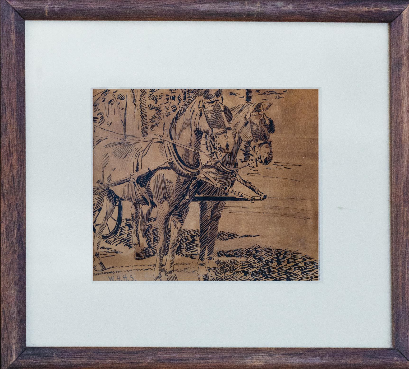 Unknown Animal Art - American Ink Drawing of Two Work Horses