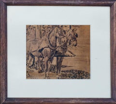 American Ink Drawing of Two Work Horses