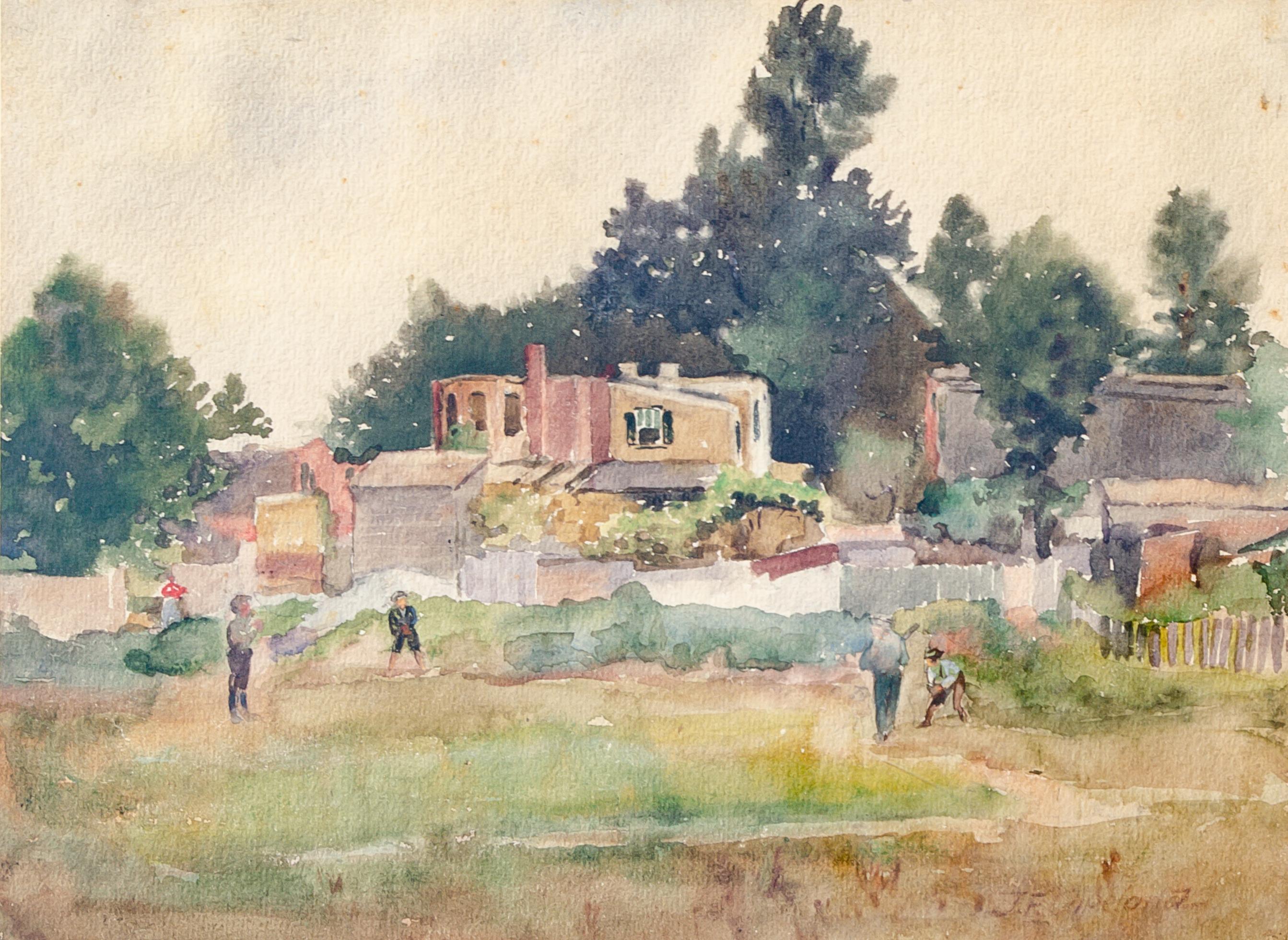 Figurative Art J.F. Copeland - Garçons jouant au baseball Aquarelle du 20e siècle