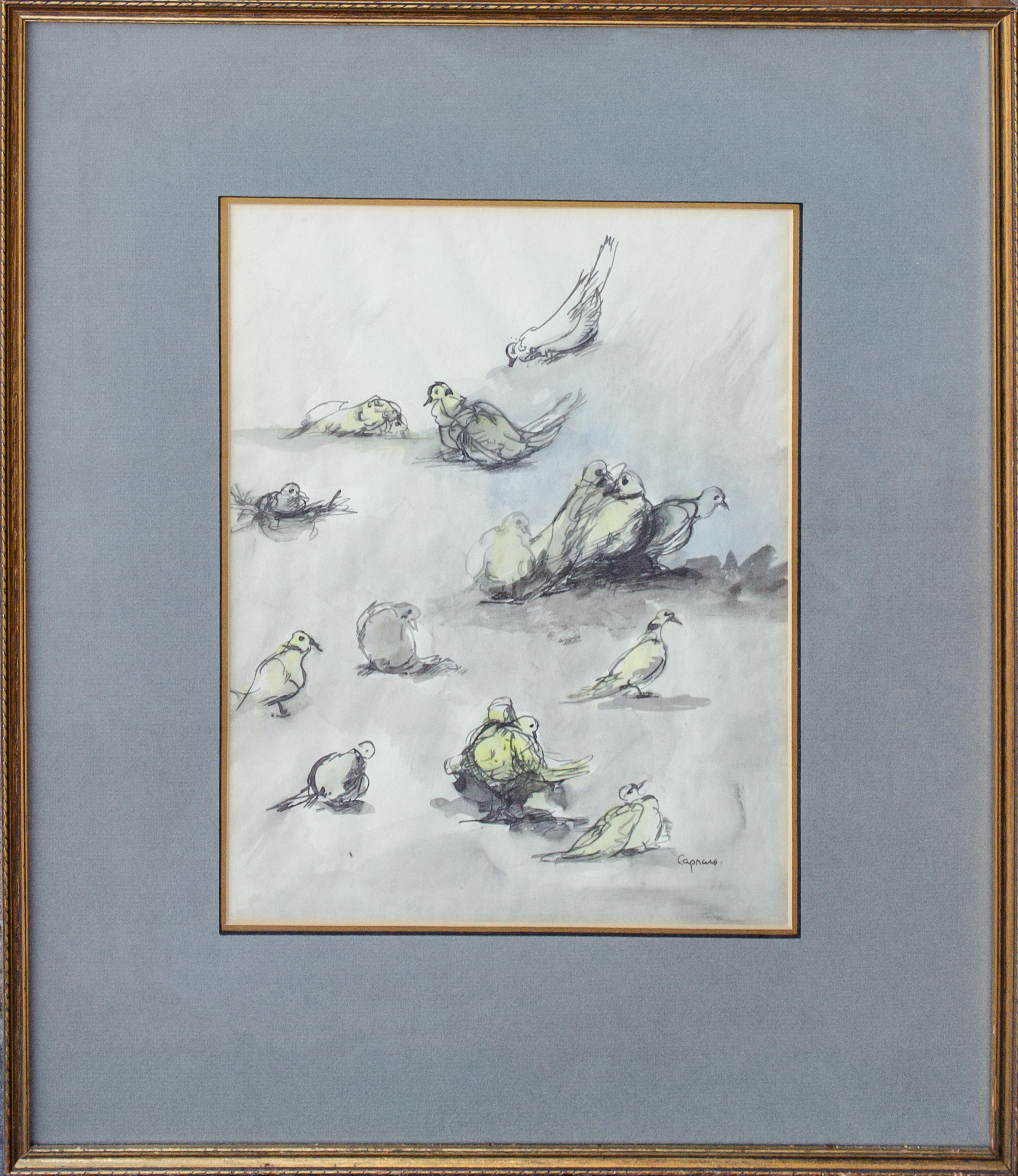 Vincent Capraro (American, 1919-2016)
Doves Courting, c. mid-20th century
Ink and watercolor on paper
Sight: 15 1/4 x 11 in.
Framed: 24 1/2 x 19 3/4 x 5/8 in.
Signed lower right

Former collection of movie star Vincent Price, collection label