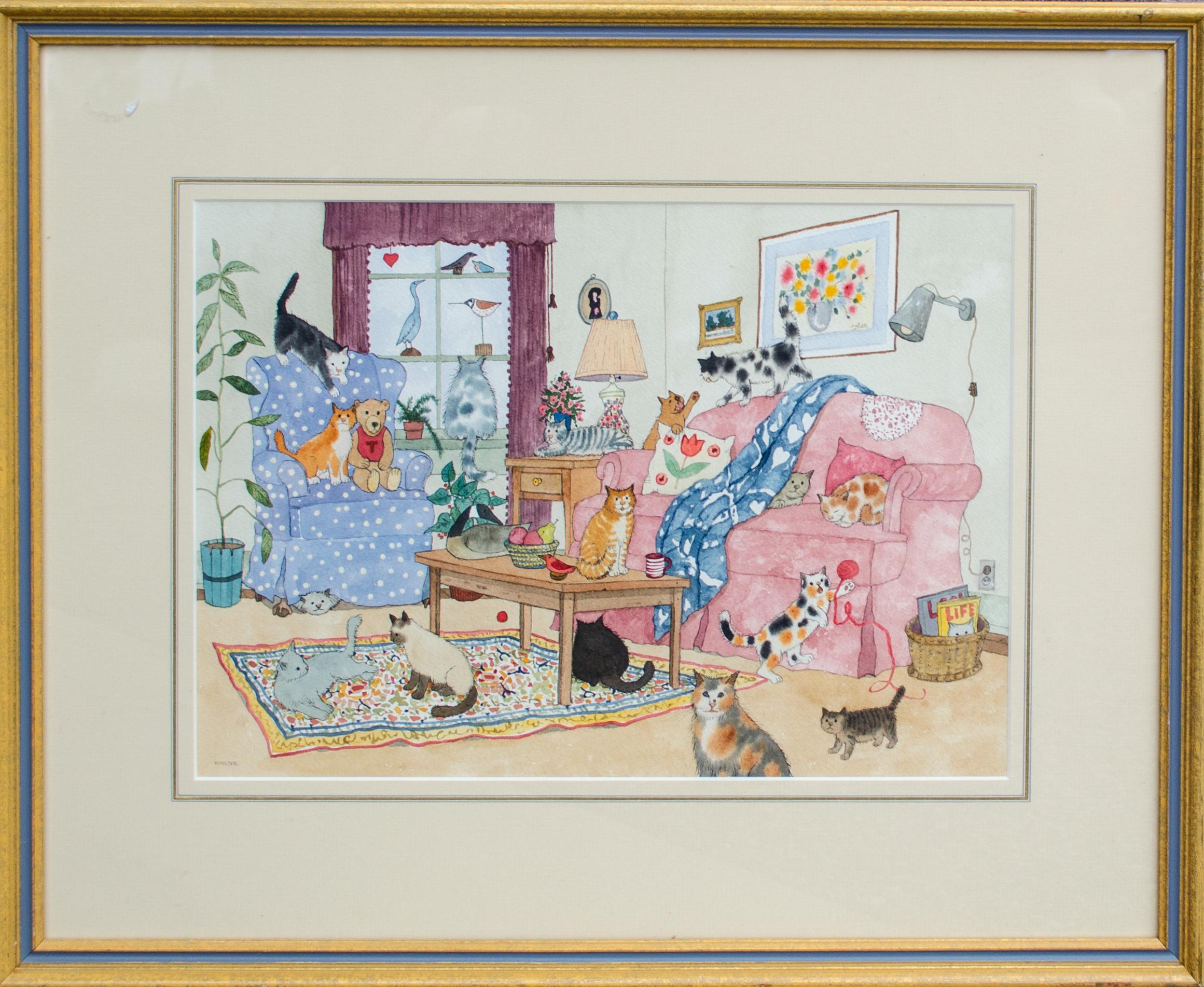 Aquarelle originale de Jane Wooster Scott - Cat House en vente 1