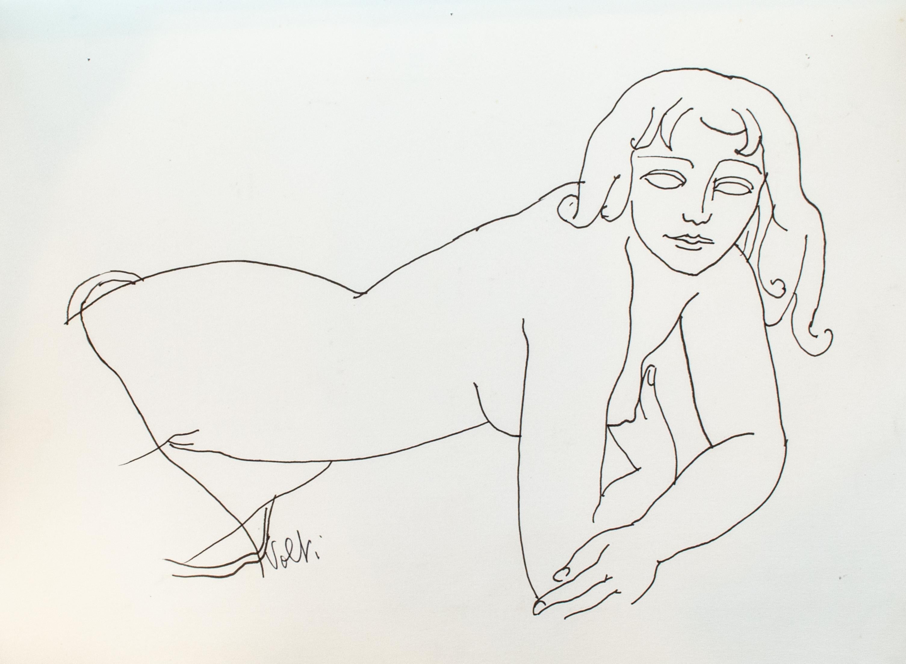 Dessin au trait d'une femme nue par Antoniucci Volti, signé