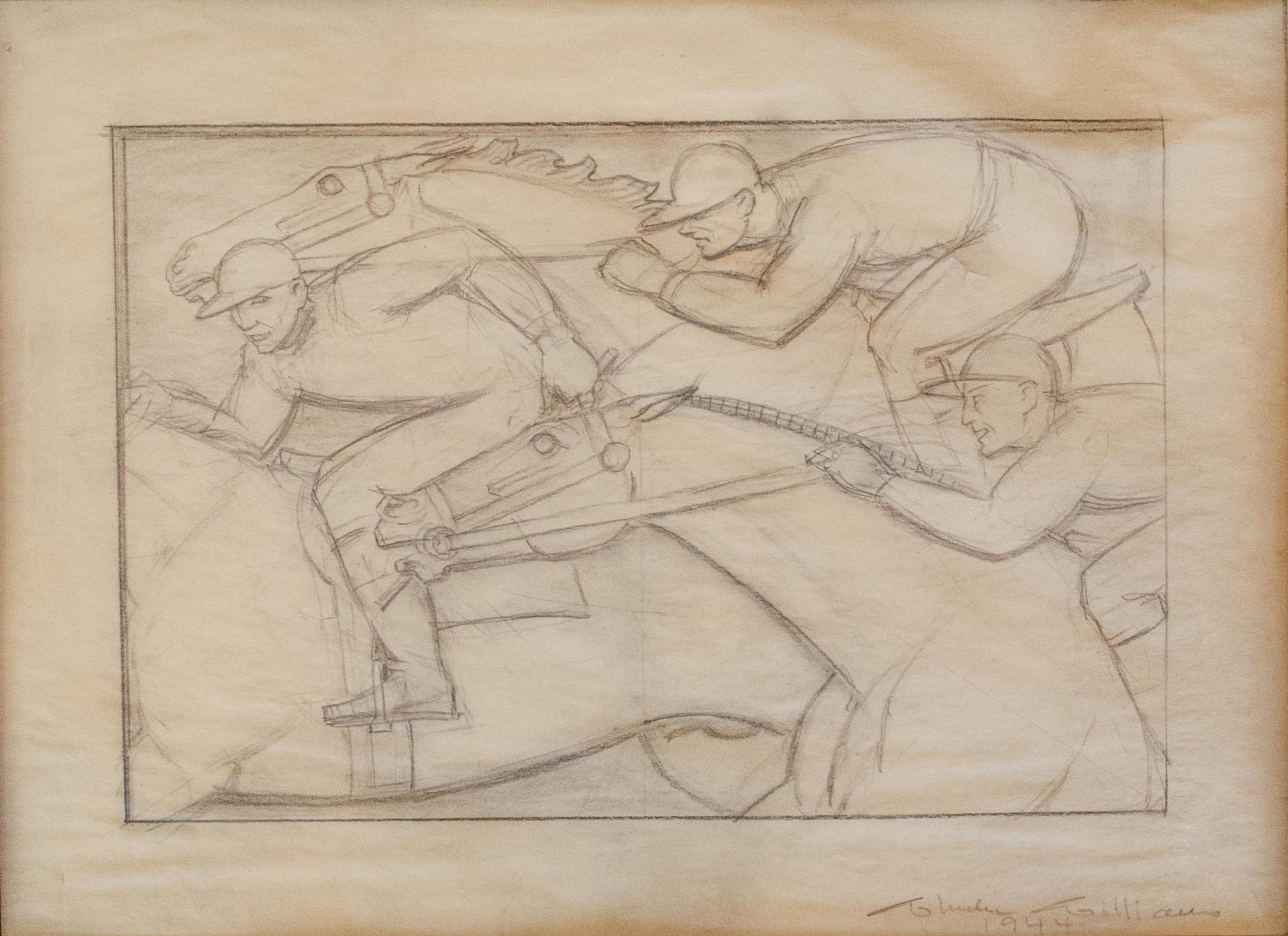 Wheeler Williams (American, 1897-1972)
Untitled Study, 1944 (Polo Players)
Pencil on paper
15 1/2 x 19 1/4 in. 
Signed lower right: Wheeler Williams, 1944
Artist studio label verso

Inscribed on mat: 
Drawings for Proposed Murals: Polo Room, Hotel