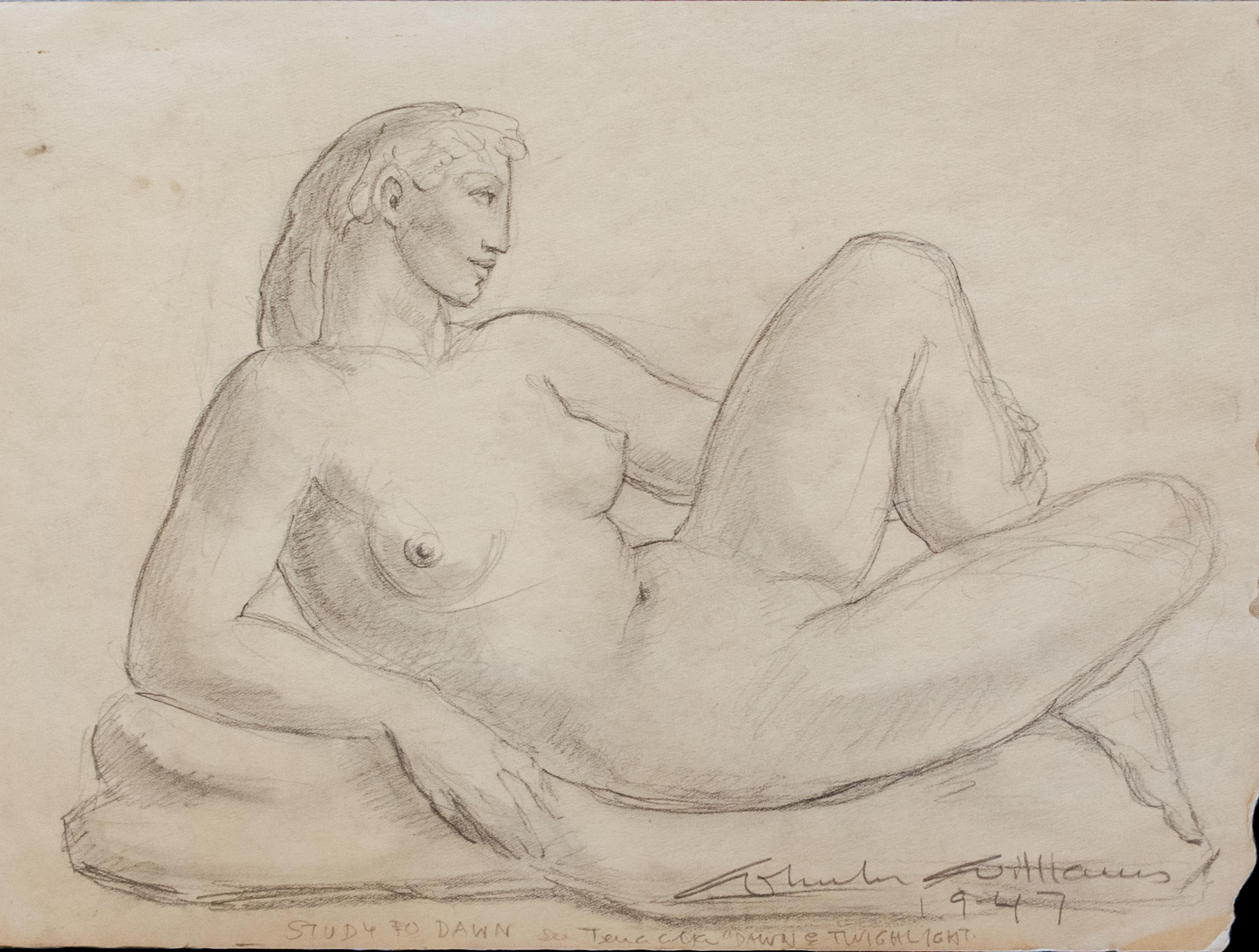 Wheeler Williams (American, 1897-1972)
Study for Dawn, 1947
Pencil on paper
9 1/4 x 12 1/4 in. 
Signed lower right: Wheeler Williams, 1947
Inscribed: Study fo Dawn [illegible] "Dawn & Twilight"

A native of Chicago, Wheeler Williams is known for his