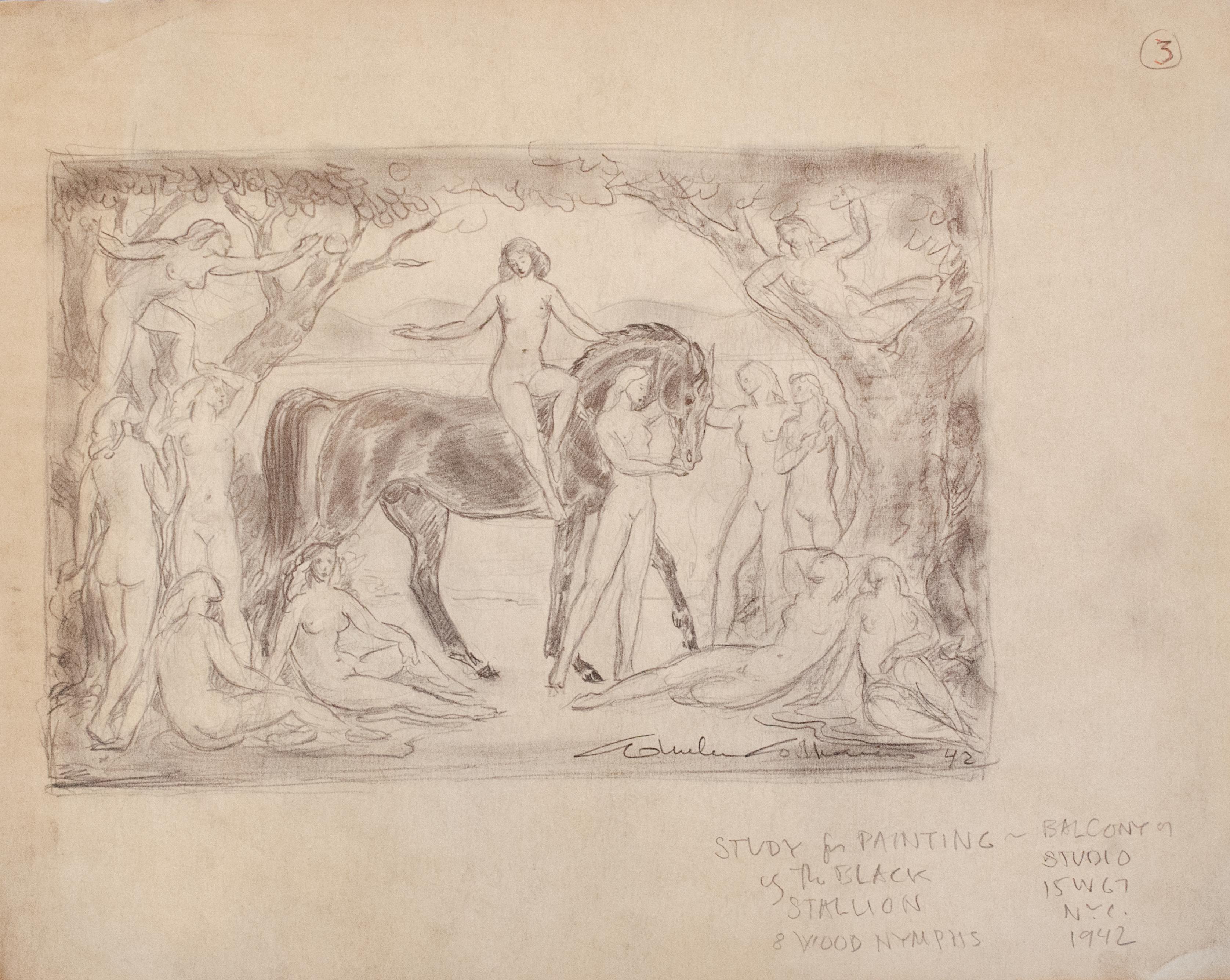 Wheeler Williams (American, 1897-1972)
Untitled Study, 1942
Pencil on paper
9 1/4 x 12 1/4 in. 
Signed lower right recto: Wheeler Williams, 1942
Inscribed recto: Study for painting of the black stallion and wood nymphs, balcony on studio 15 @ 67th,