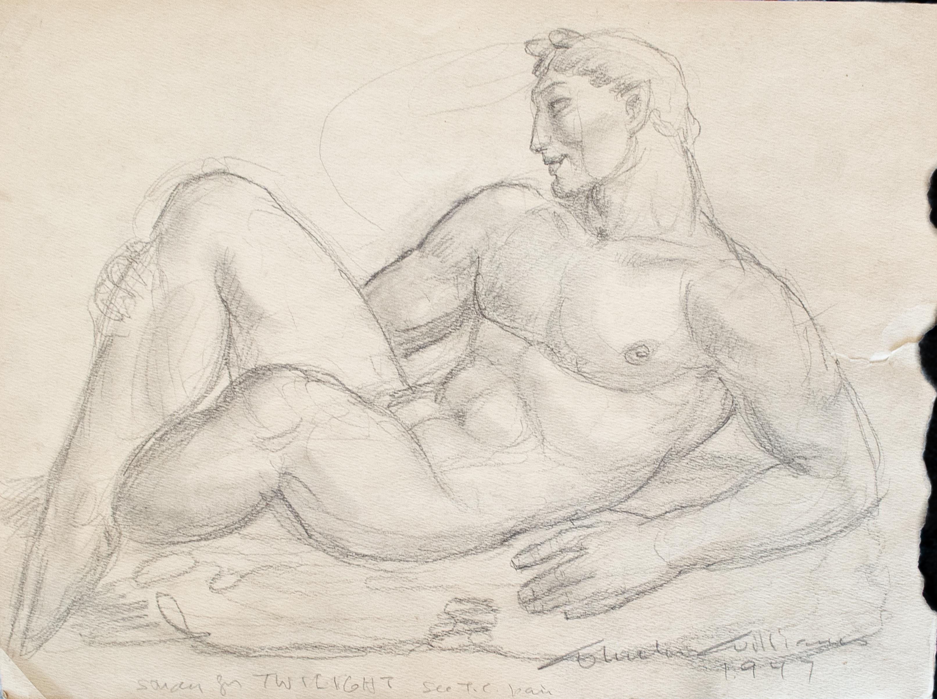 Wheeler Williams (American, 1897-1972)
Study for Twilight, 1947
Pencil on paper
9 1/4 x 12 1/4 in. 
Signed lower right: Wheeler Williams, 1947
Inscribed: Study for Twilight

A native of Chicago, Wheeler Williams is known for his allegorical,