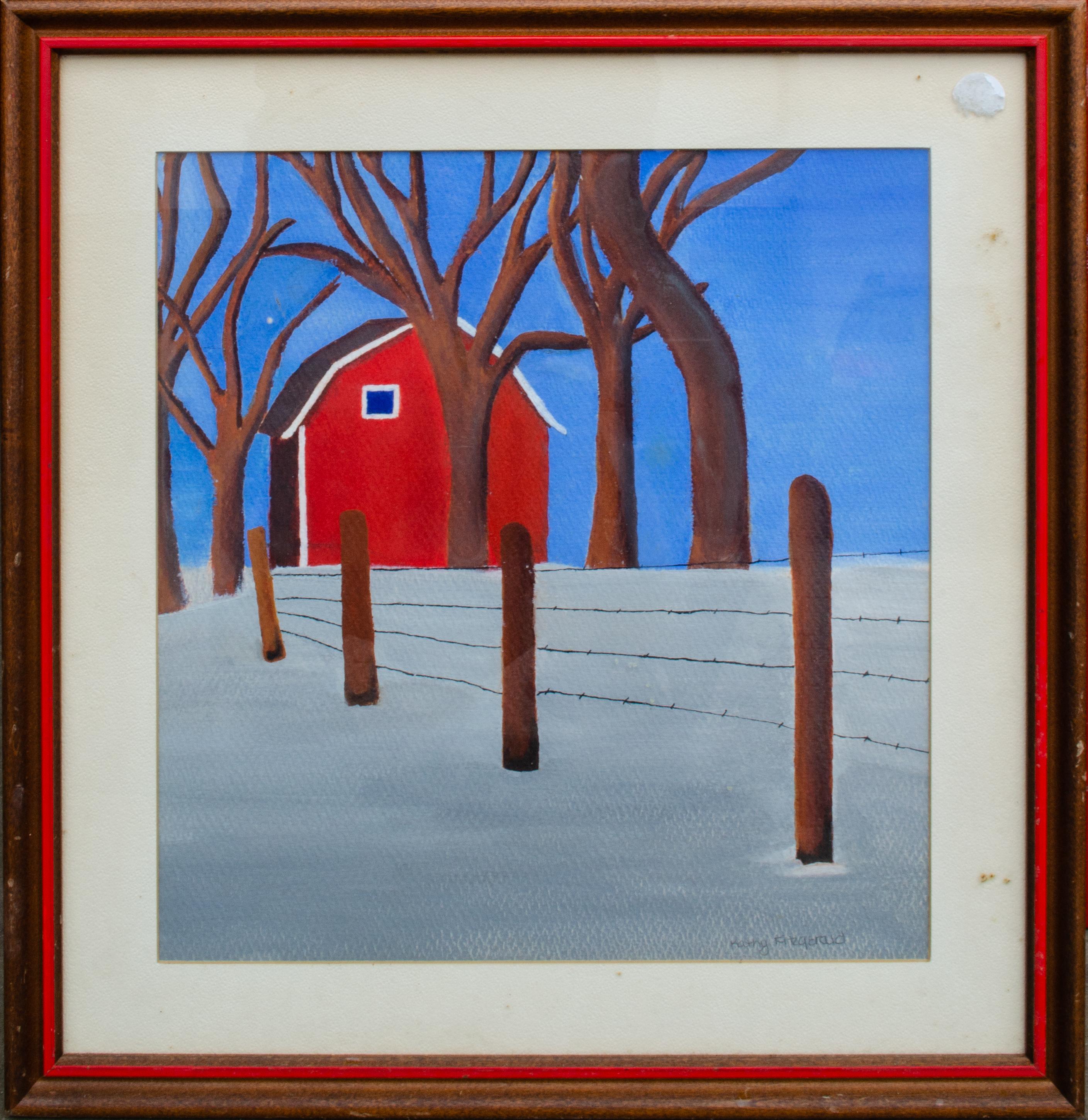 Snow-Covered Red Barn Watercolor by Kathleen Fitzgerald For Sale 1