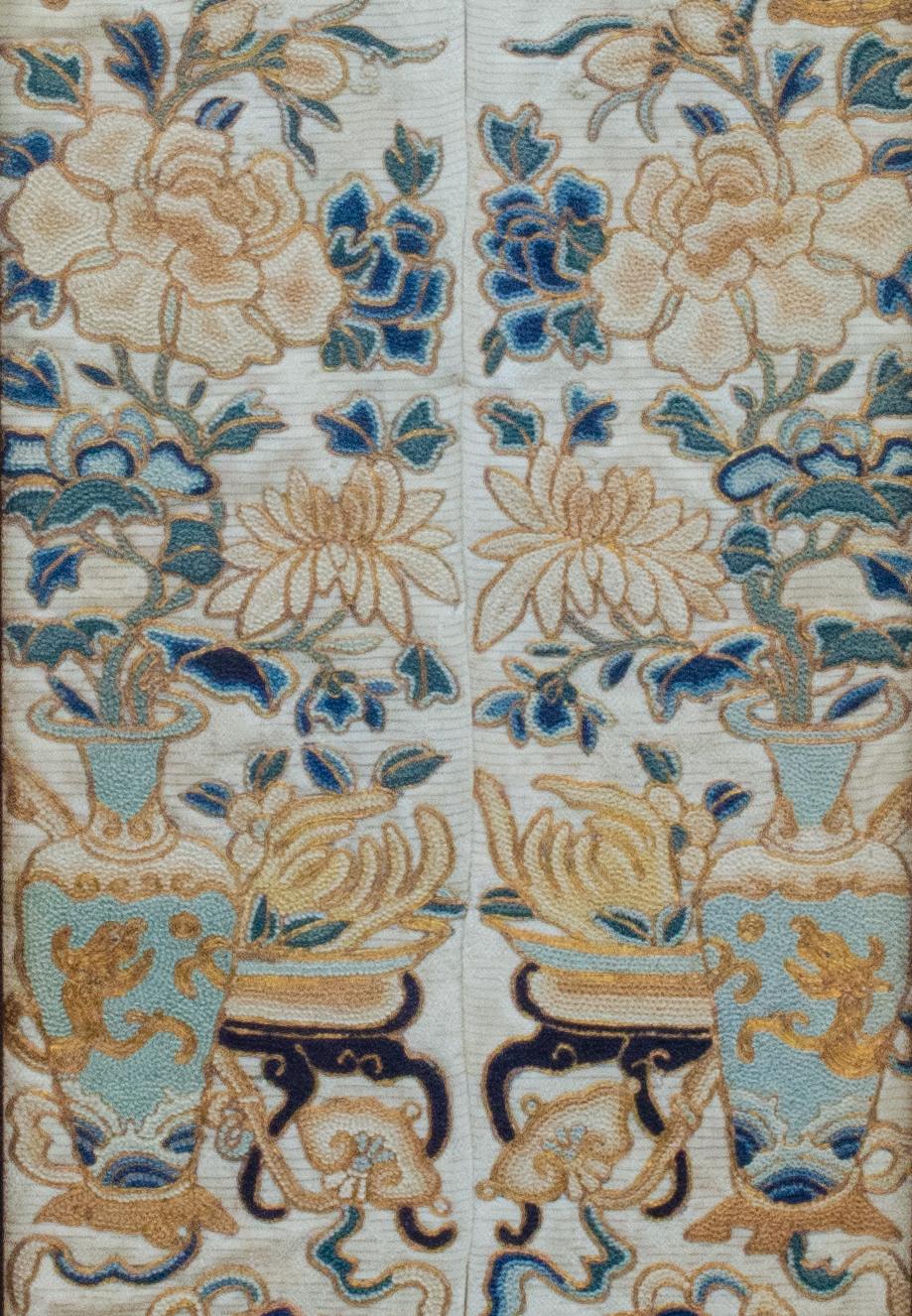 Embroidered Textile, Late Qing Dynasty, c. 1850-1900
24 1/2 x 7 1/2 x 1/2 in.

Chinese embroidery has a long history since the Neolithic age. Because of the quality of silk fibre, most Chinese fine embroideries are made in silk. Some ancient