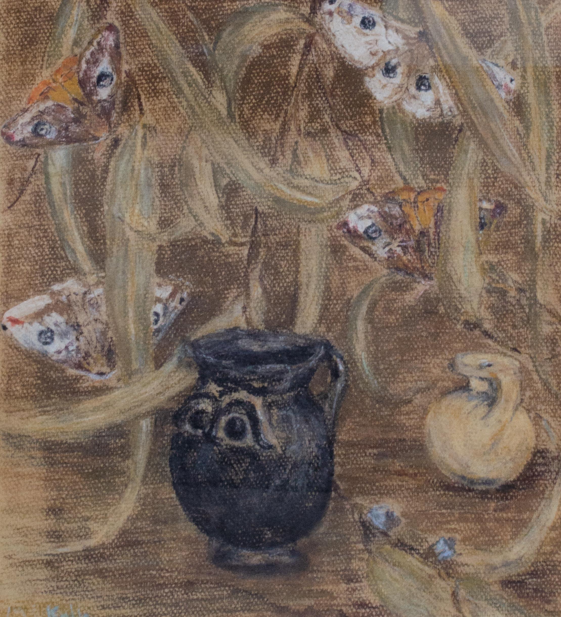 Mystery Artist
Untitled (Moths and Pots), c. Late 20th/Early 21st Century
Pastel and pencil on paper
Sight: 11 3/4 x 11 1/4 in.
Framed: 18 x 17 1/4 x 7/8 in.
Signed lower right