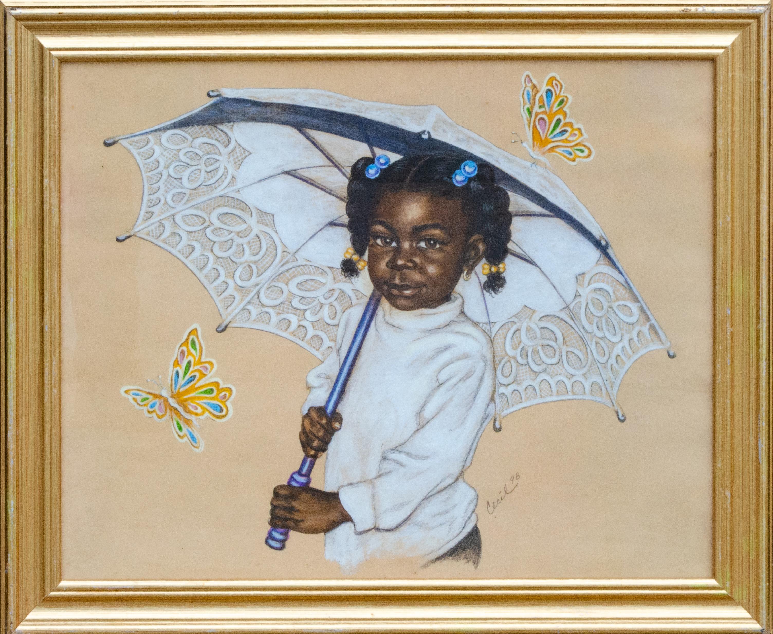 Hübsches Aquarell eines kleinen Mädchens mit einem Umbrella, signiert – Art von Unknown
