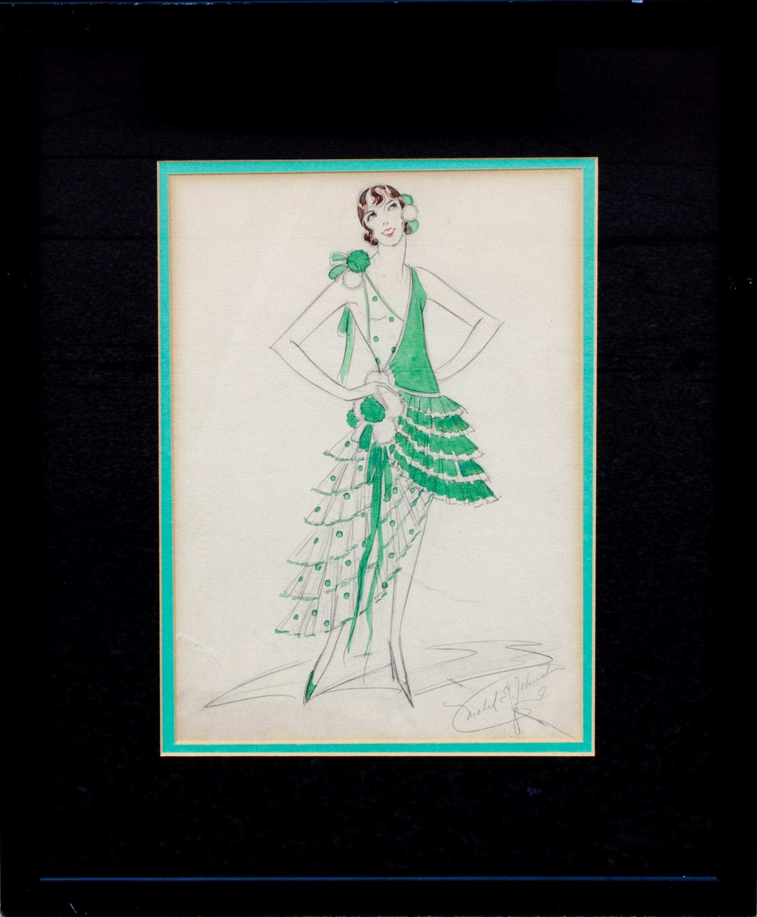 Illustration de mode par le designer de l'ère du jazz à Broadway Mabel E. Johnston en vente 1