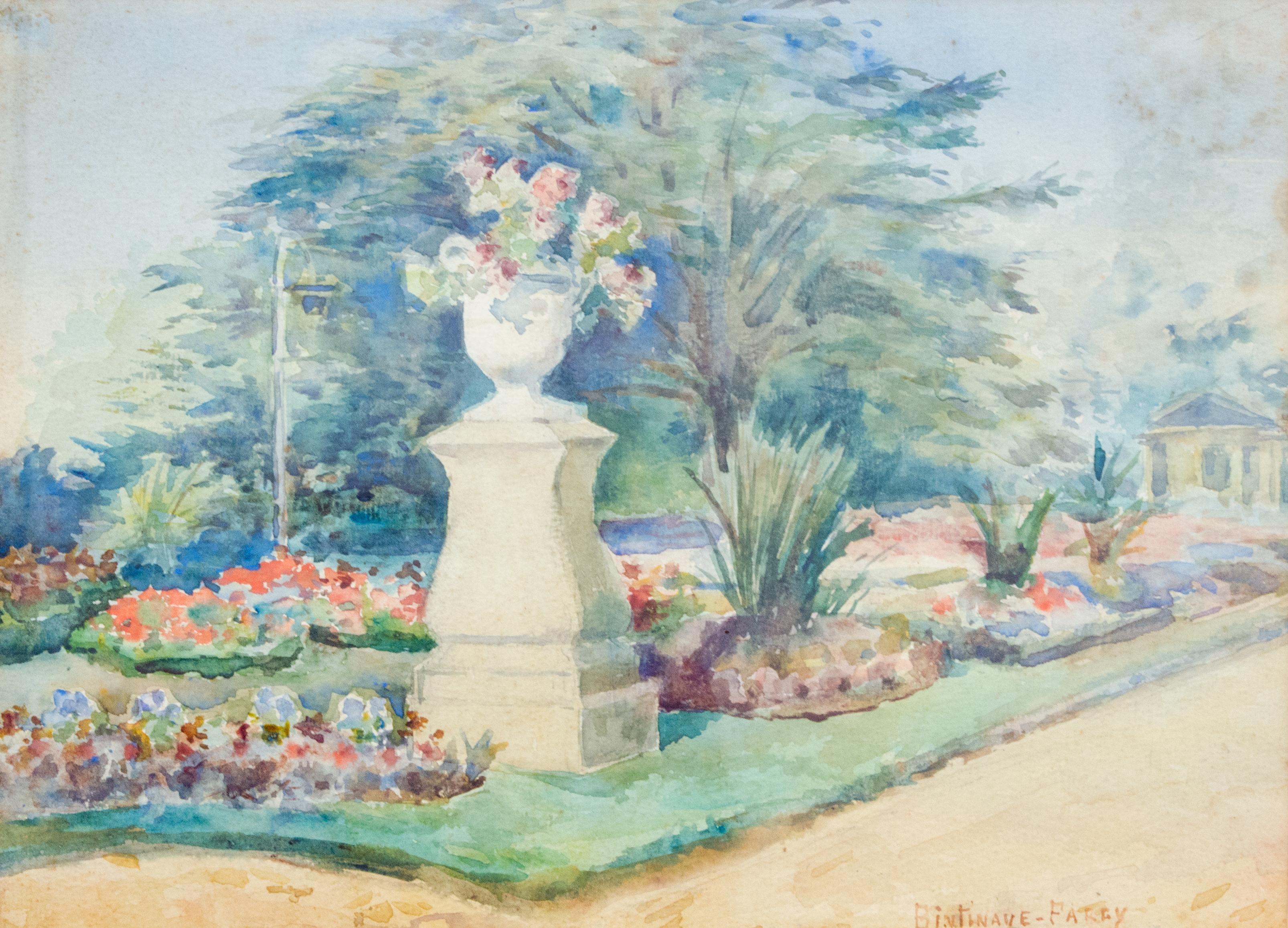 Watercolor Gardenscape Signed Bintinaye - Fatey
