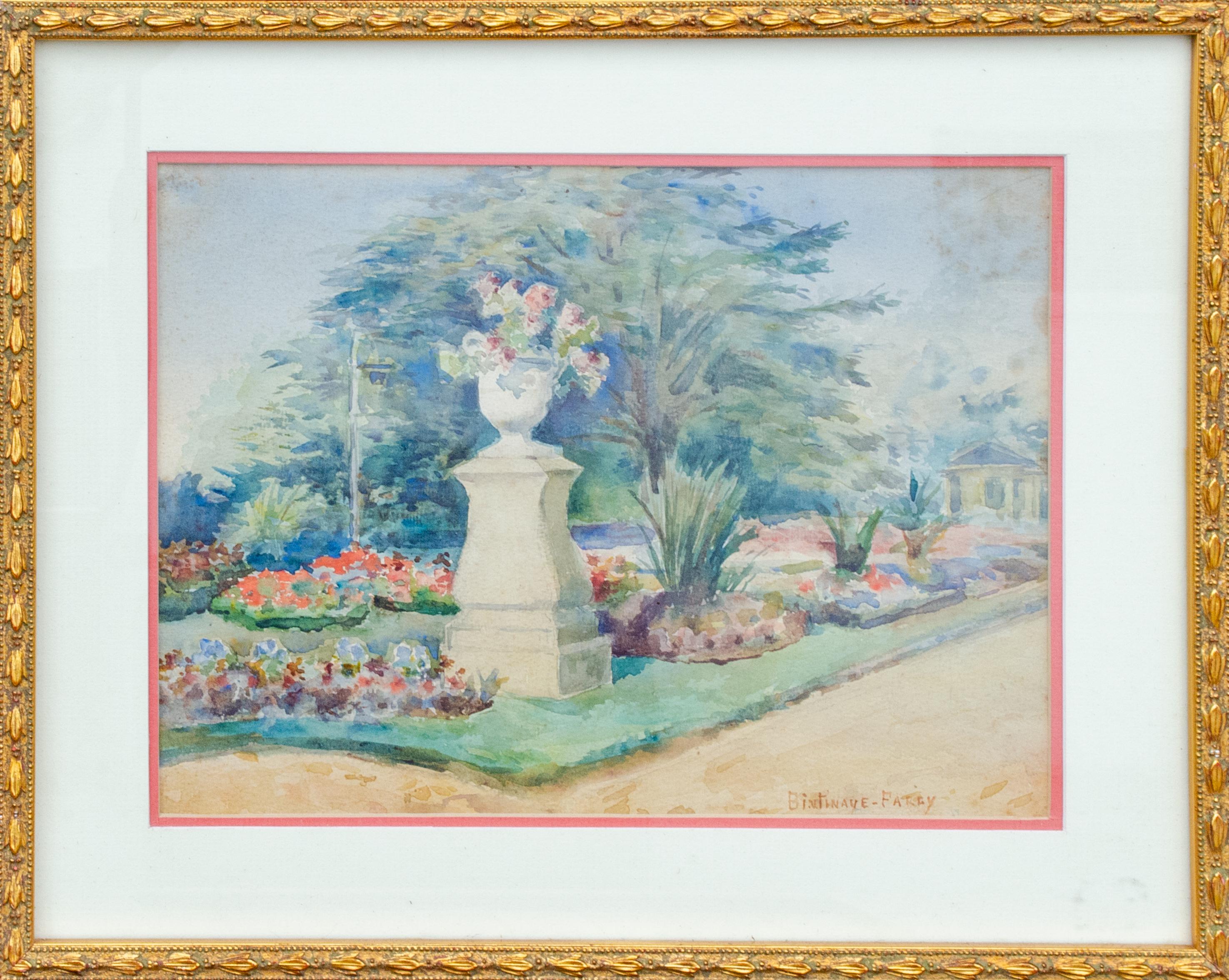 Watercolor Gardenscape Signed Bintinaye - Fatey - Art by Unknown