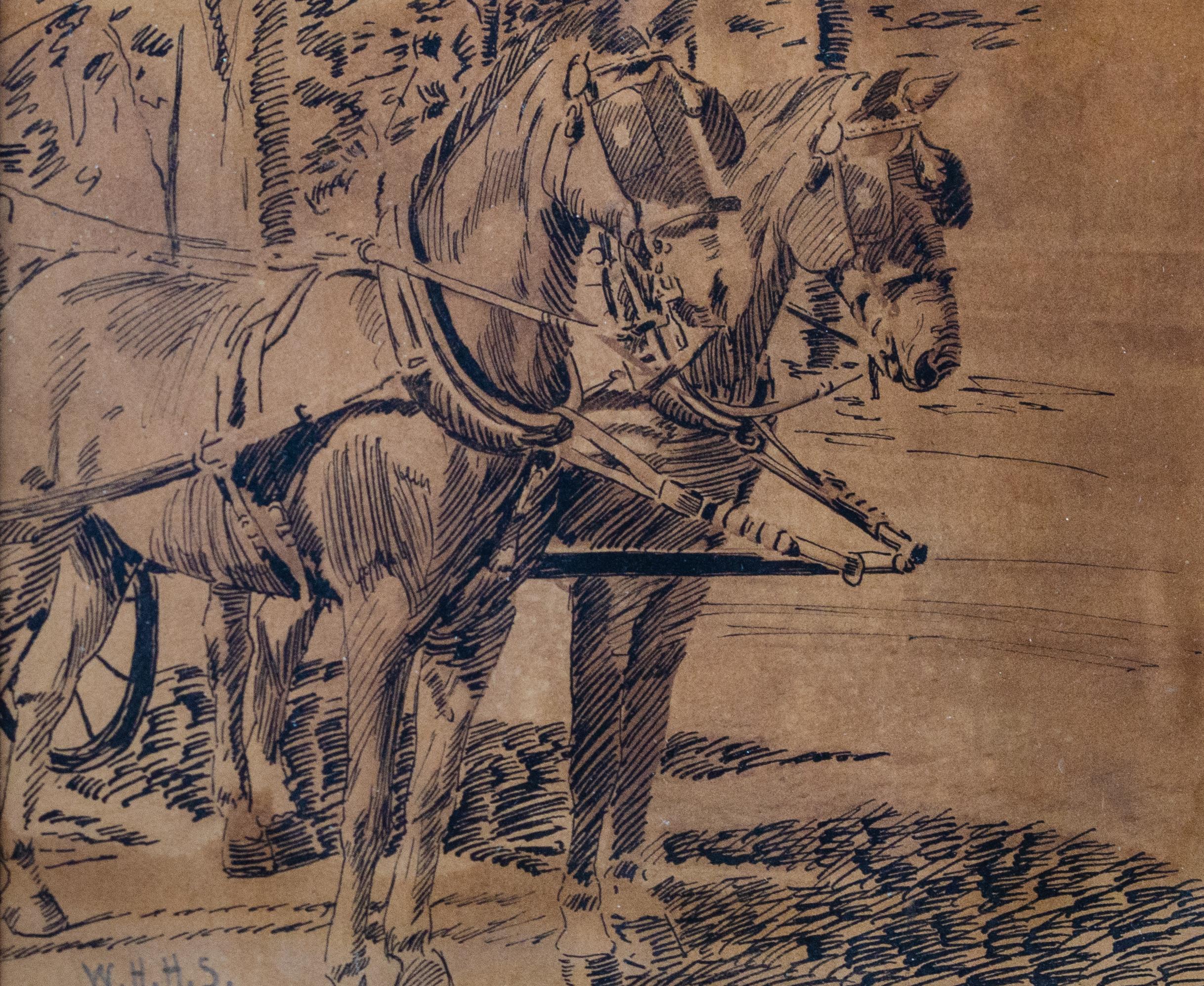 American Ink Drawing of Two Work Horses - Art by Unknown