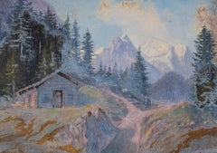 Antique Lovely German Cabin and Mountainscape Watercolor