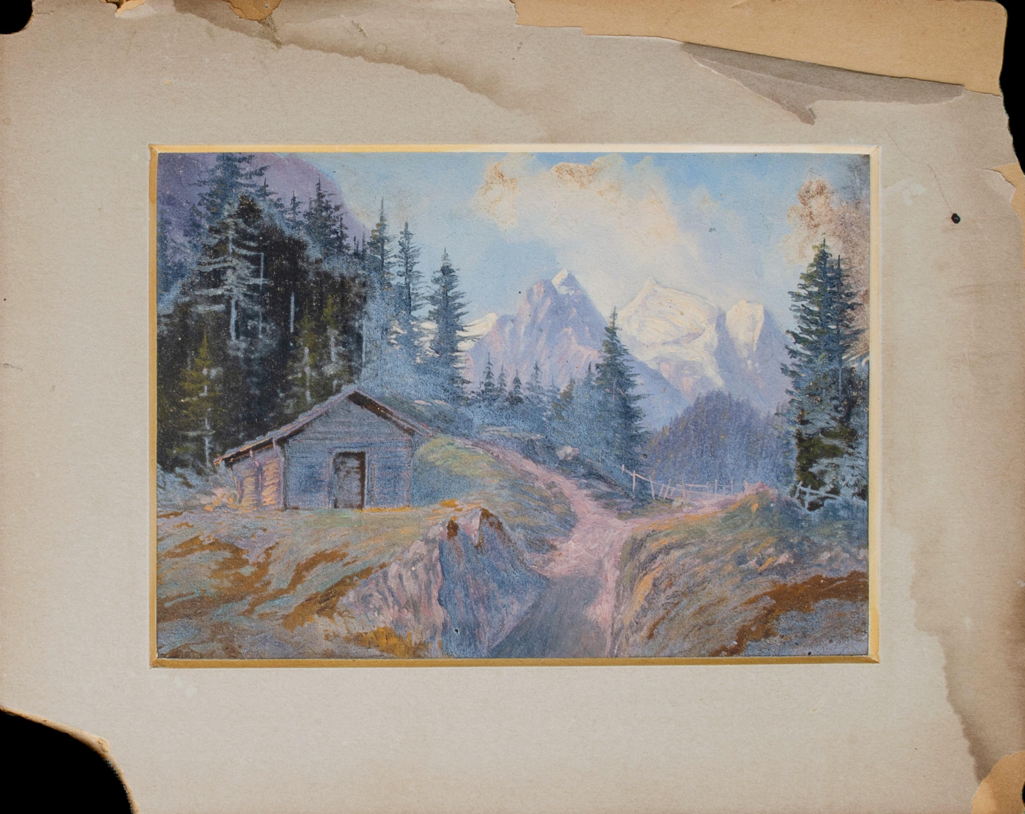 Jolie aquarelle allemande de cabane et de paysage de montagne - Art de Unknown