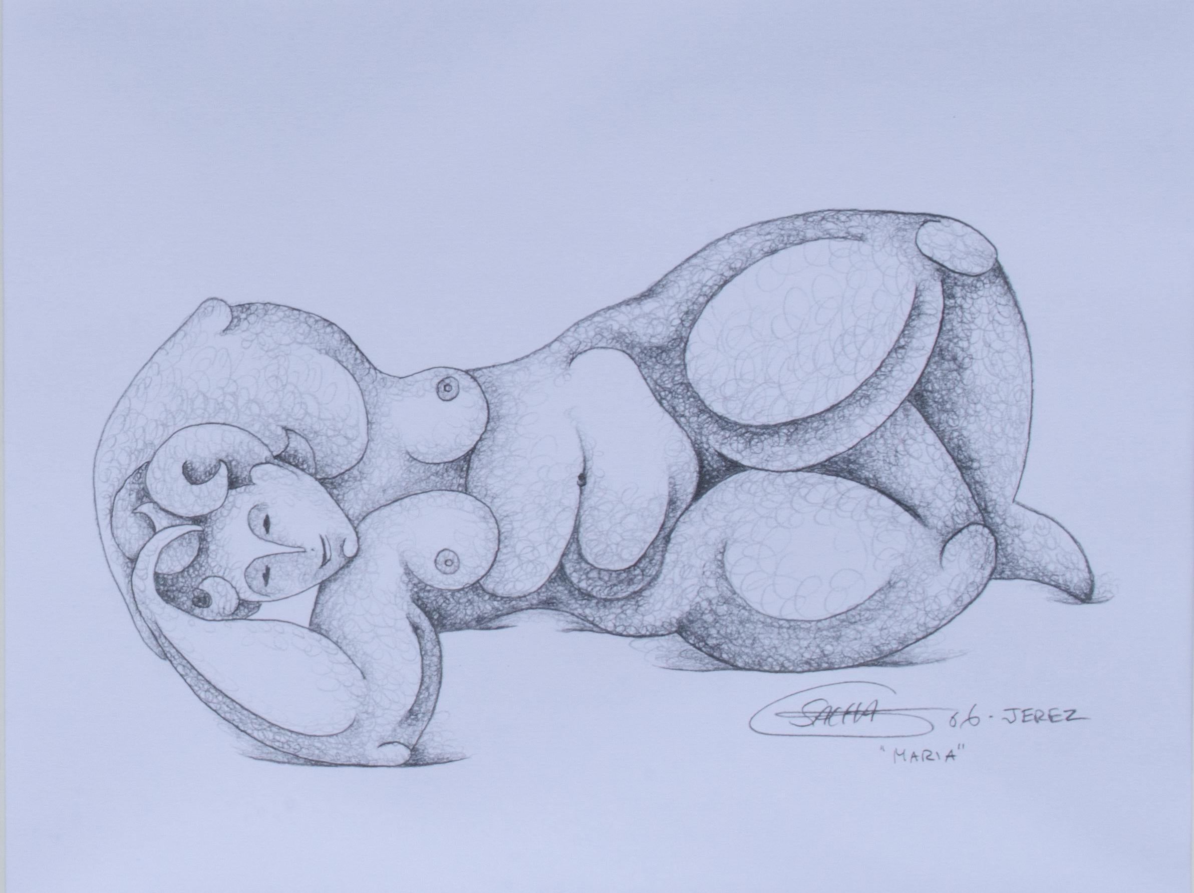 Sacha Figurative Art - Reclining Nude Graphite Drawing Signed SACHA