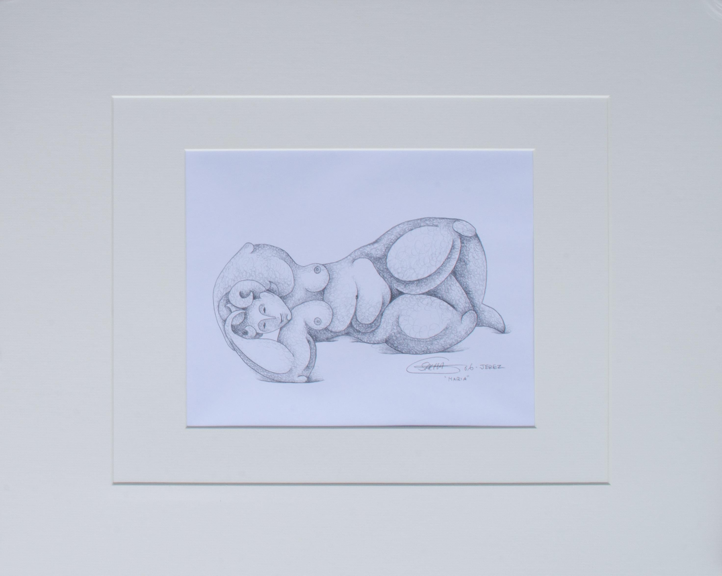 Reclining Nude Graphite Drawing Signed SACHA - Art by Sacha