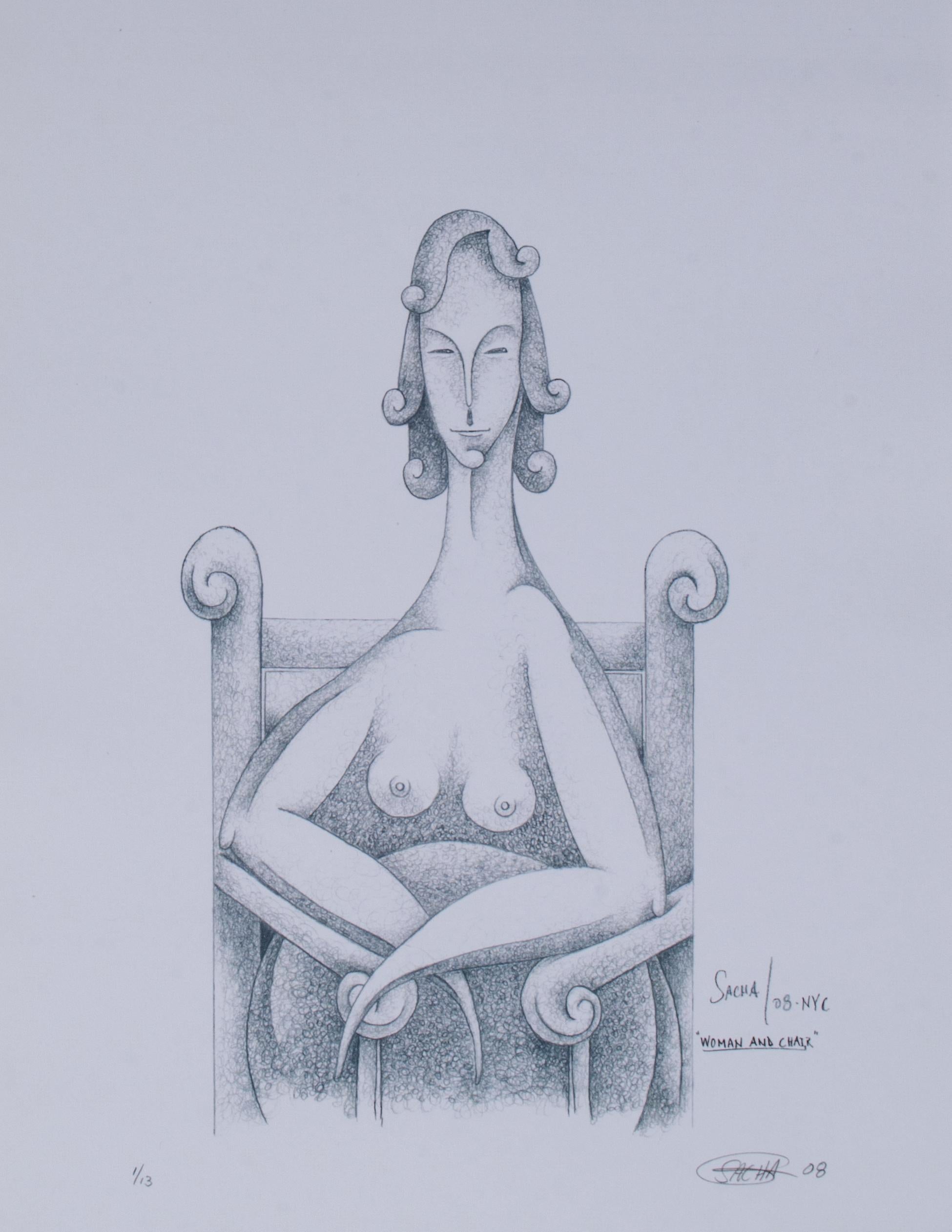 Sacha (américain, né en 1965)
Femme et chaise, 2006
Lithographie
20 x 16 in.
Signé et inscrit en bas à droite : Sacha '08 NYC "Femme et chaise"
Numéroté en bas à gauche : 4/13

Alejandro Jose Franco, plus connu sous le nom de Sacha, est né à New