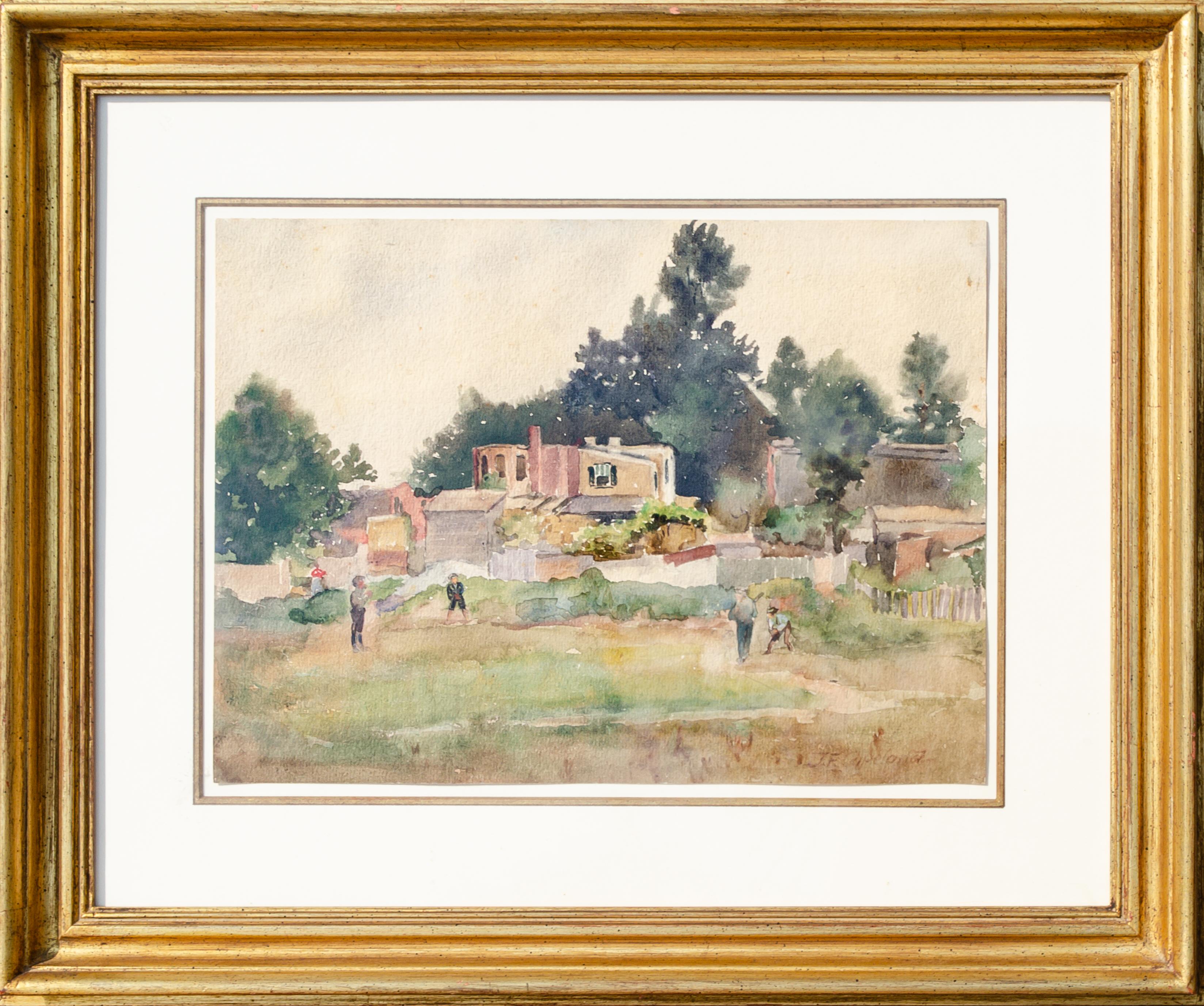 Garçons jouant au baseball Aquarelle du 20e siècle - Art de J.F. Copeland