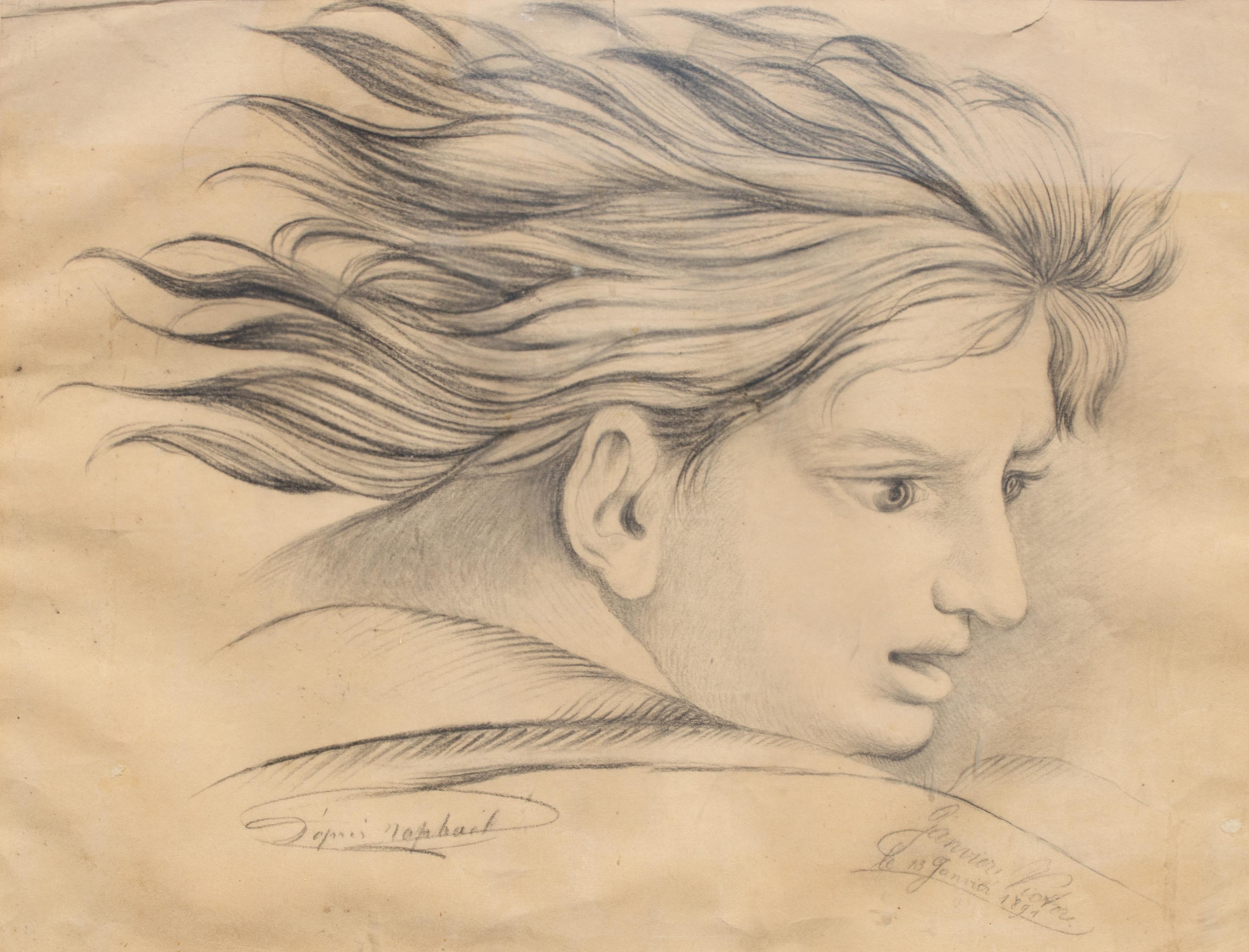 1894 Zephyr Pencil Drawing by Mystery French Artist