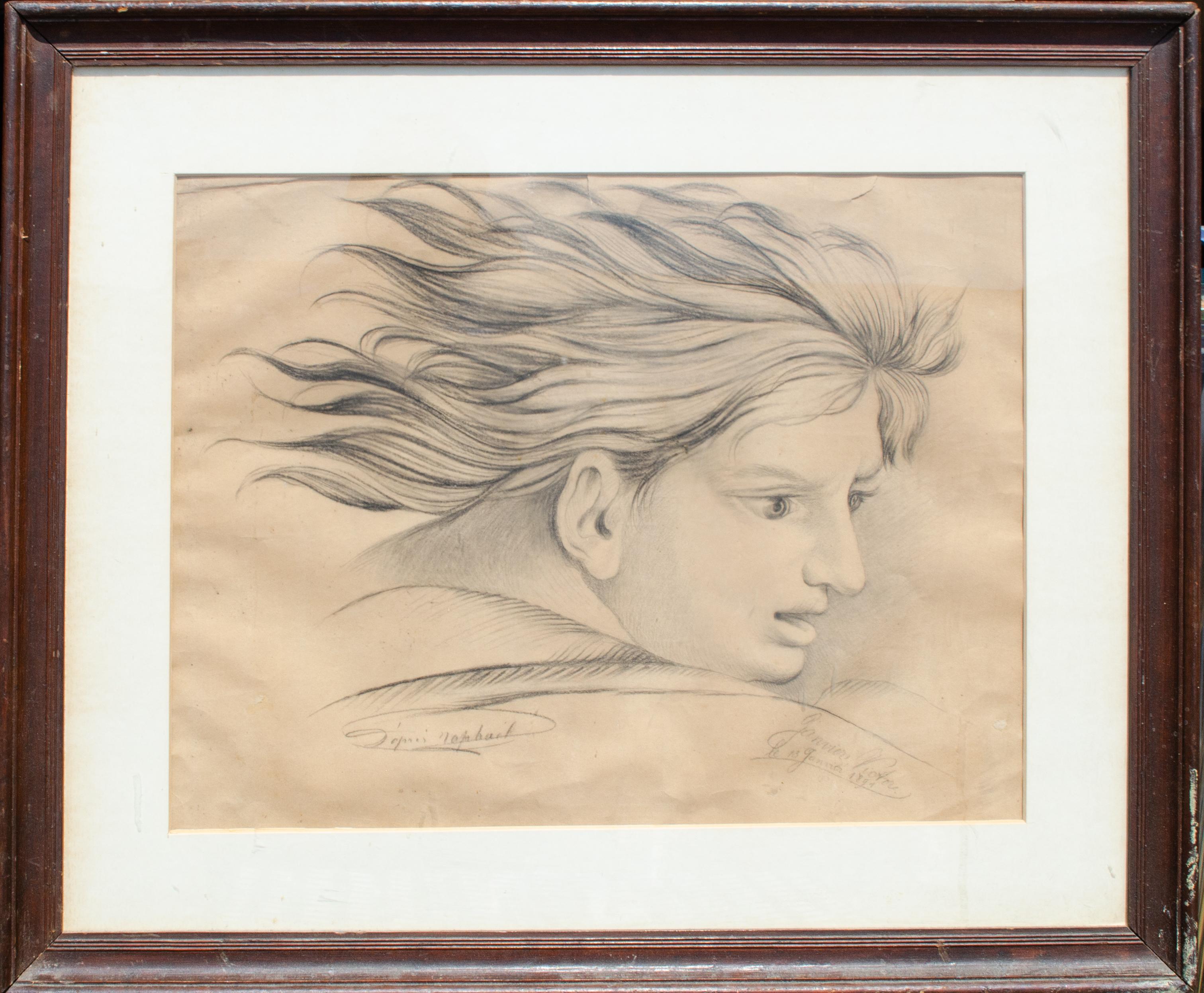 Zephyr-Bleistiftzeichnung des französischen Mystery-Künstlers von 1894 – Art von Unknown