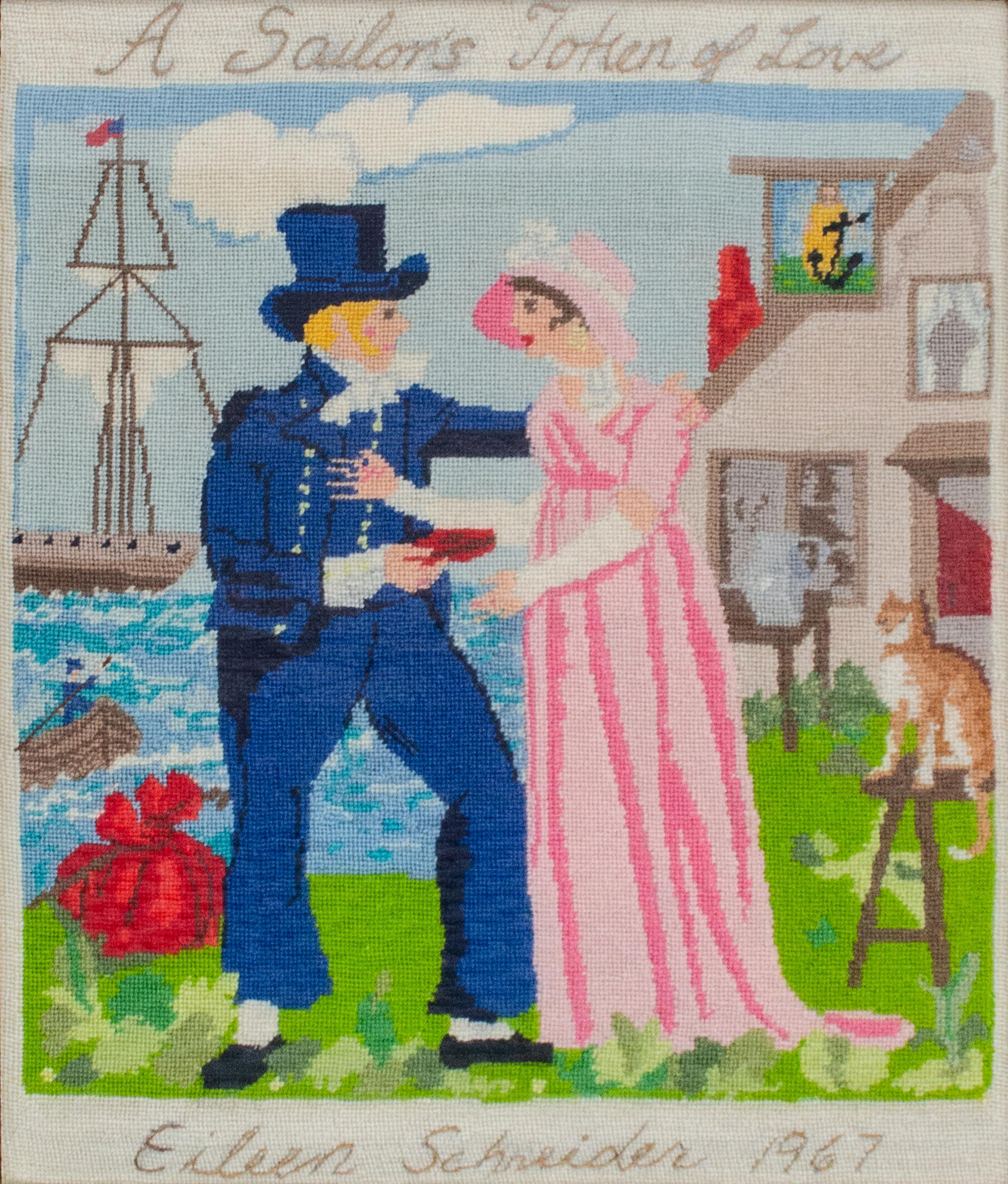 Eileen Schneider (Canadian-American, 1927-2022)
A Sailor's Token of Love, 1967
Needlepoint composition - likely cotton
Framed: 17 1/2 x 15 x 1 in.

Eileen Theresa Hamilton was born on September 17, 1927, in St. Catharine’s, Ontario, Canada. Eileen