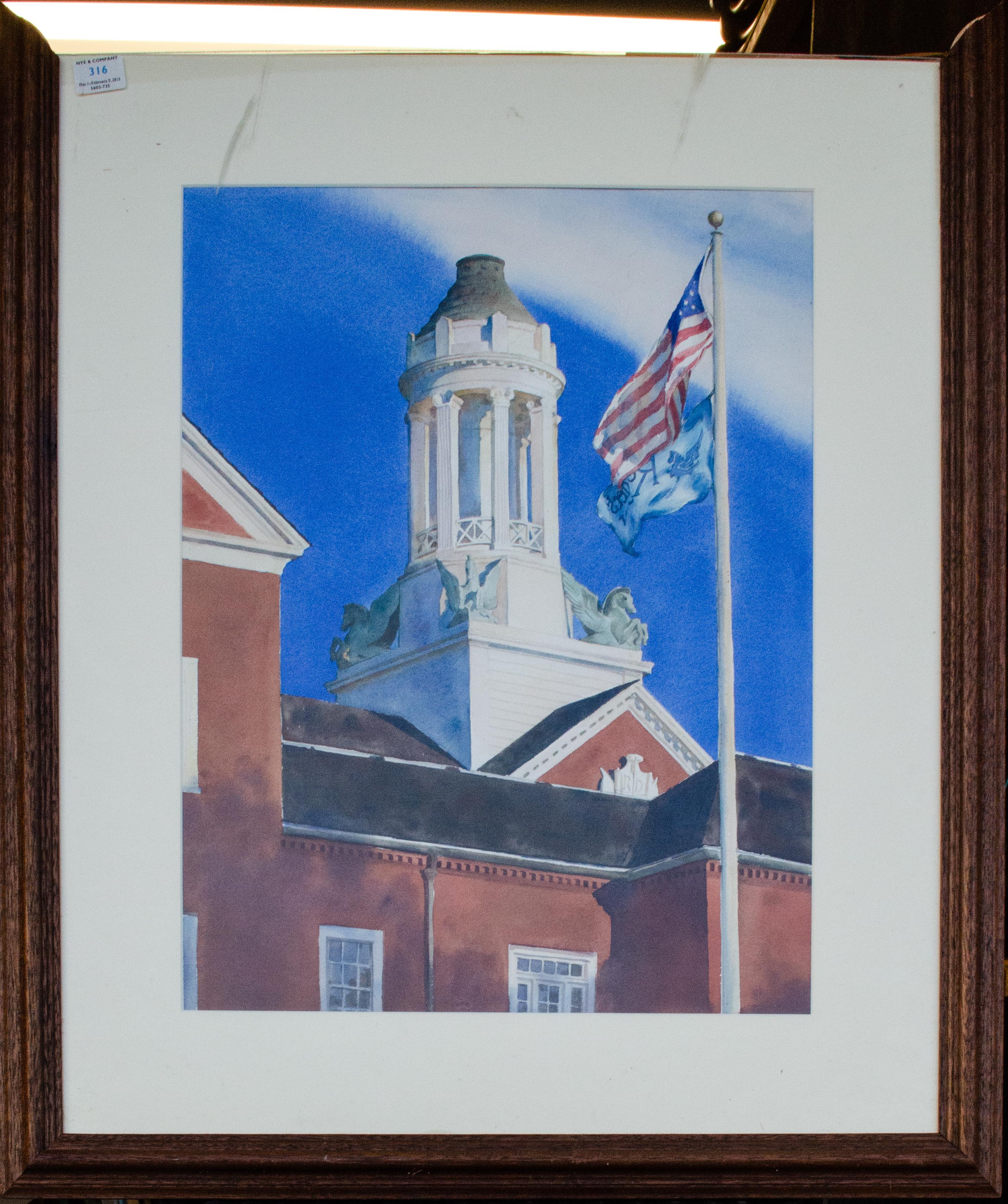 David Dewey (B. 1946)
Reader's Digest Headquarters, 1996
Watercolor on paper
Sight: 24 x 18 1/2 in.
Framed: 36 x 29 3/4 x 1 in.

Living on the Maine coast, David Dewey is a watercolor painter whose work reflects his interest in architecture as well