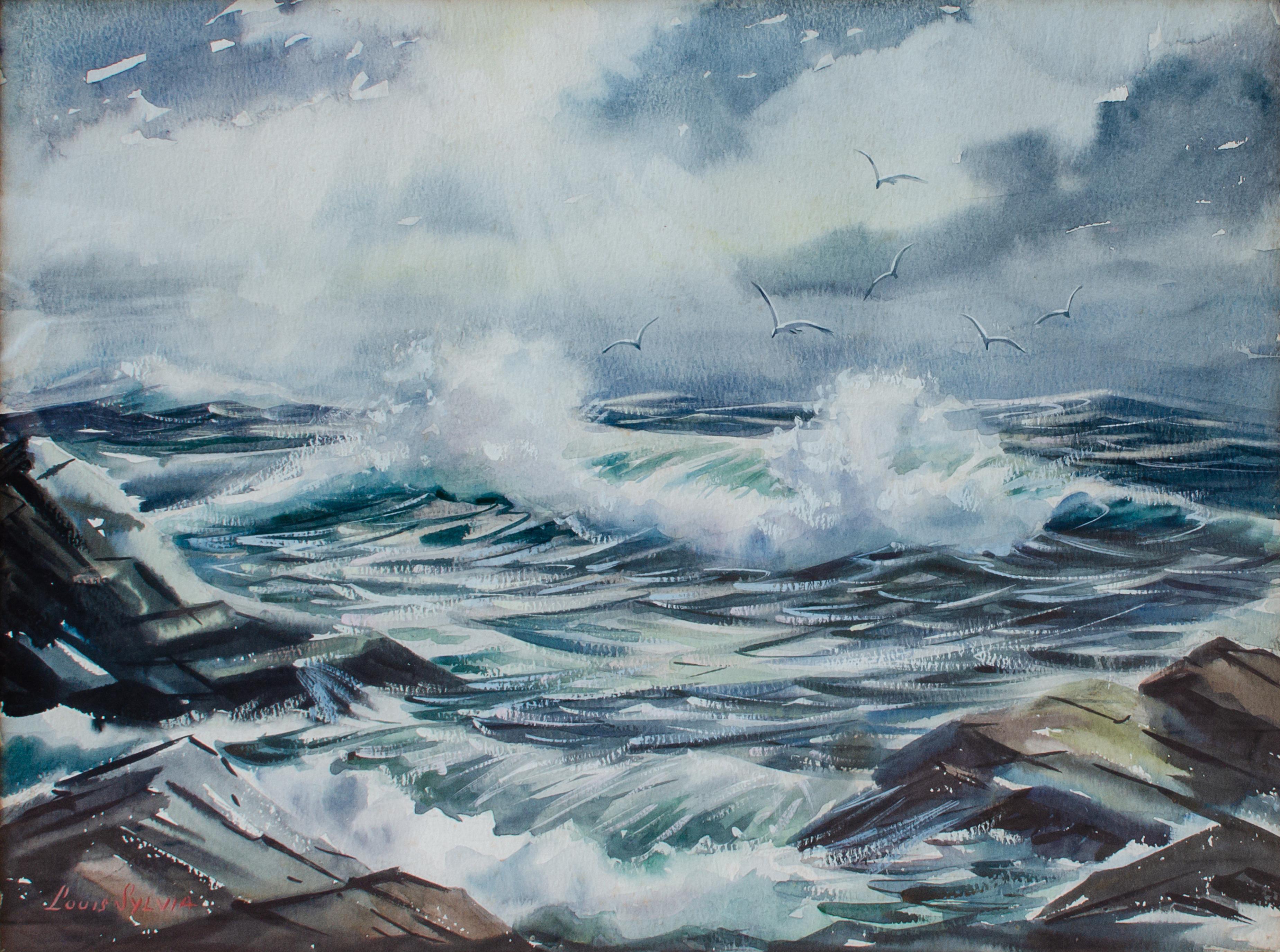 Louis Sylvia (Amerikaner, 1911-1987)
Ohne Titel, 20. Jahrhundert
Aquarell auf Papier
Ansicht: 12 1/2 x 16 1/2 Zoll. 
Signiert unten rechts

Louis Sylvia (1911-1987) war ein amerikanischer Maler, der sich im 20. Jahrhundert auf nautische Szenen