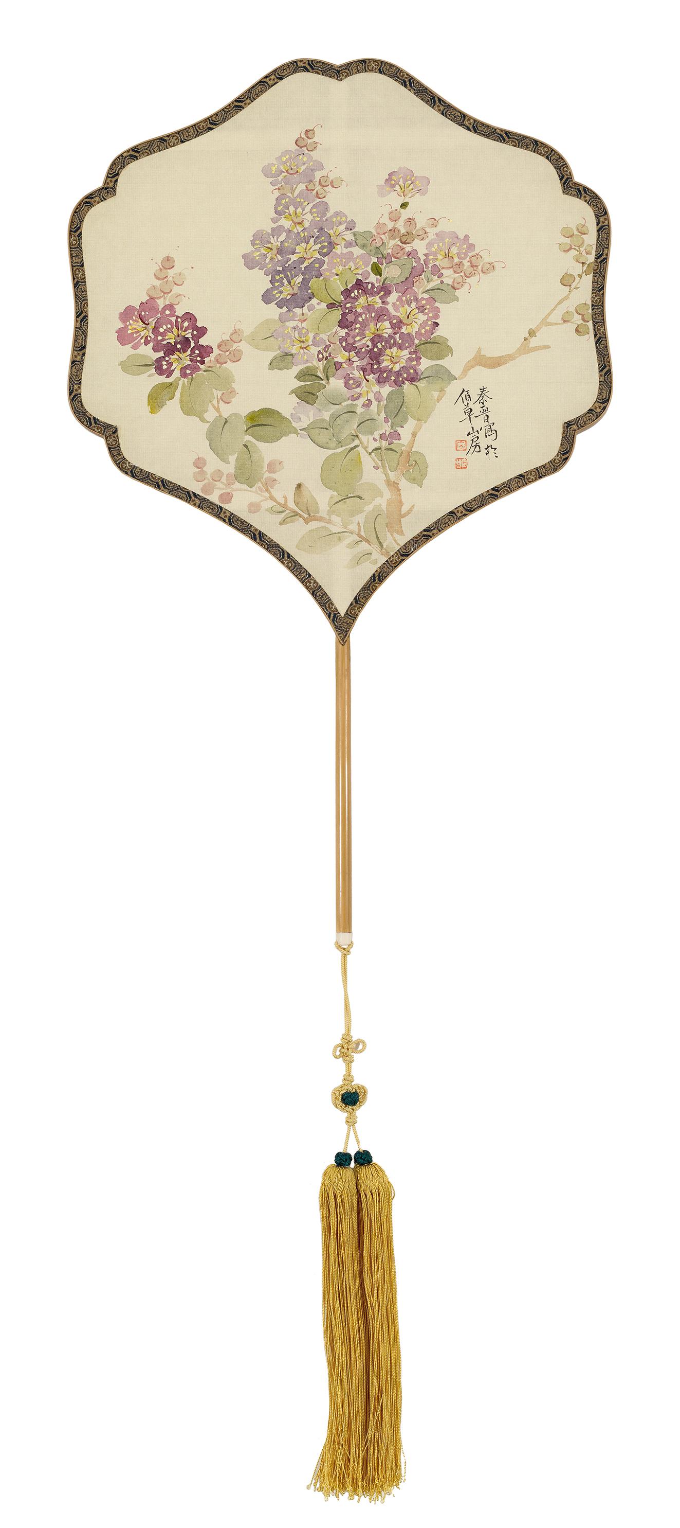 Qinjin Song Still-Life - Lagerstroemia in Bloom (紫薇花开)  - Hand Painted Silk Fan with Bamboo Handle