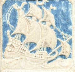 Marblehead, Massachusetts Pottery Tile, Galleon Ship, Blue and White